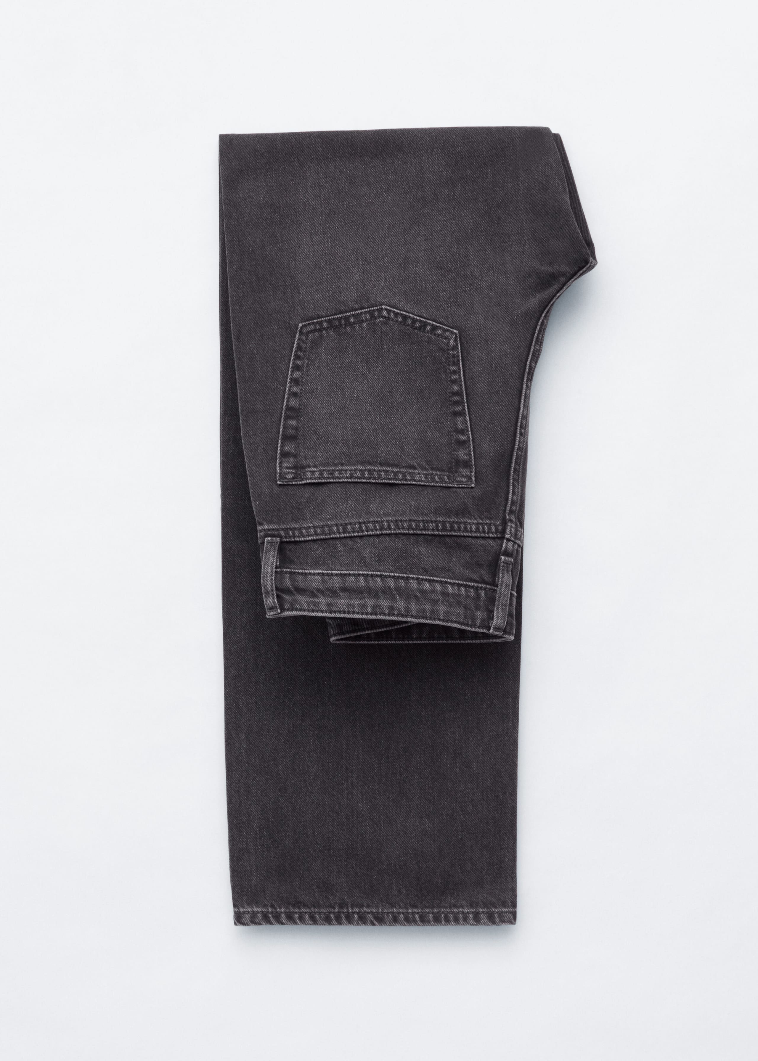 These dark gray washed denim jeans are folded to show the back, featuring a single back patch pocket, a waistband with belt loops, and a straight-leg hem.