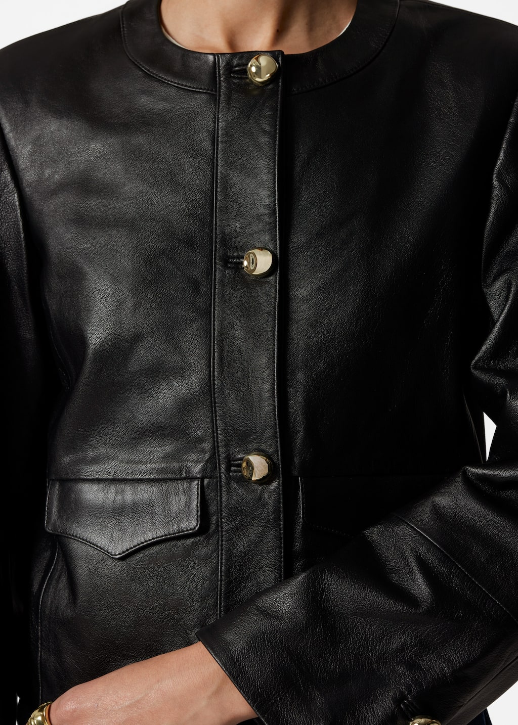 Image of Collarless Leather Jacket
