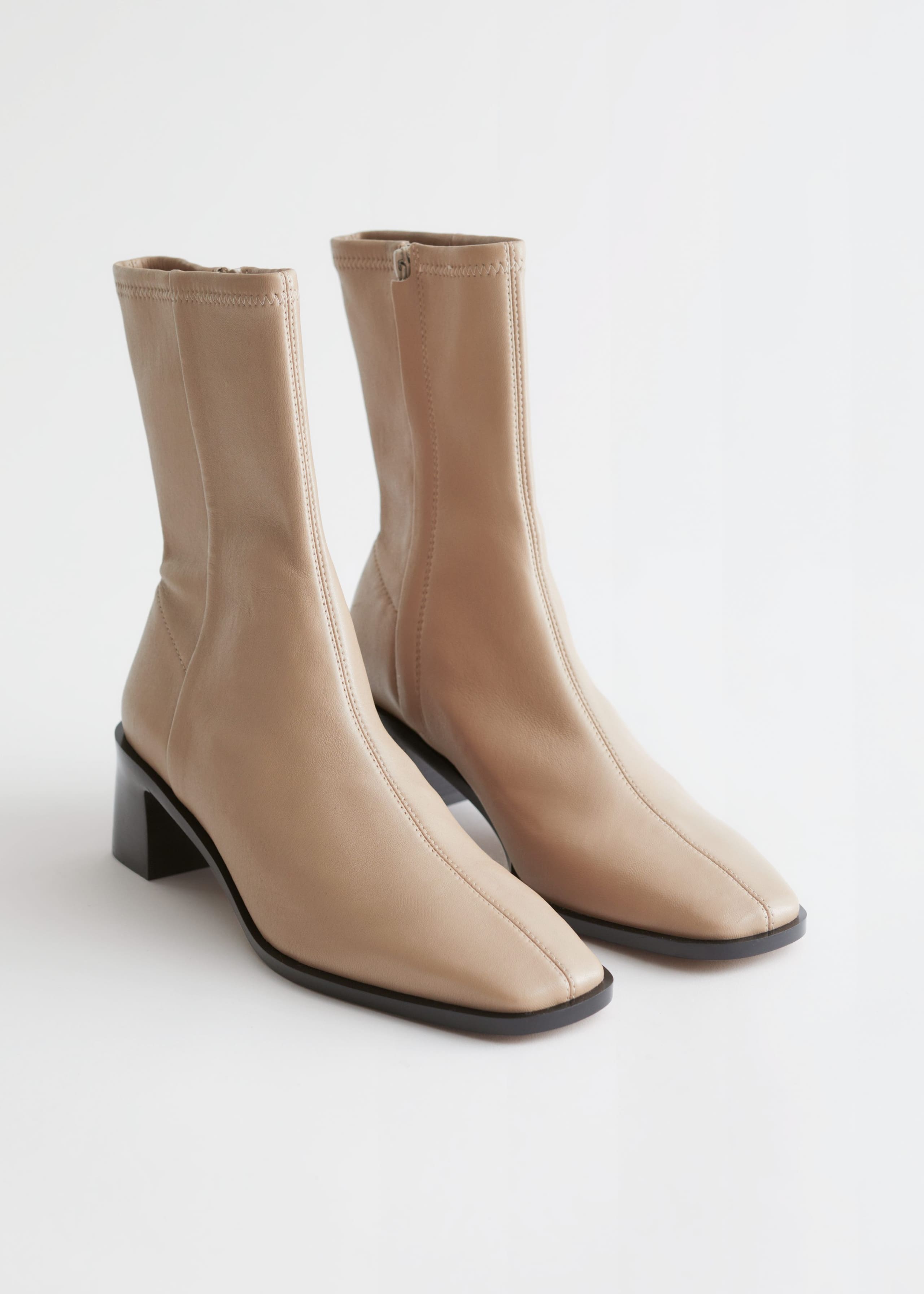 Squared Toe Leather Sock Boots - Beige - Natura morta