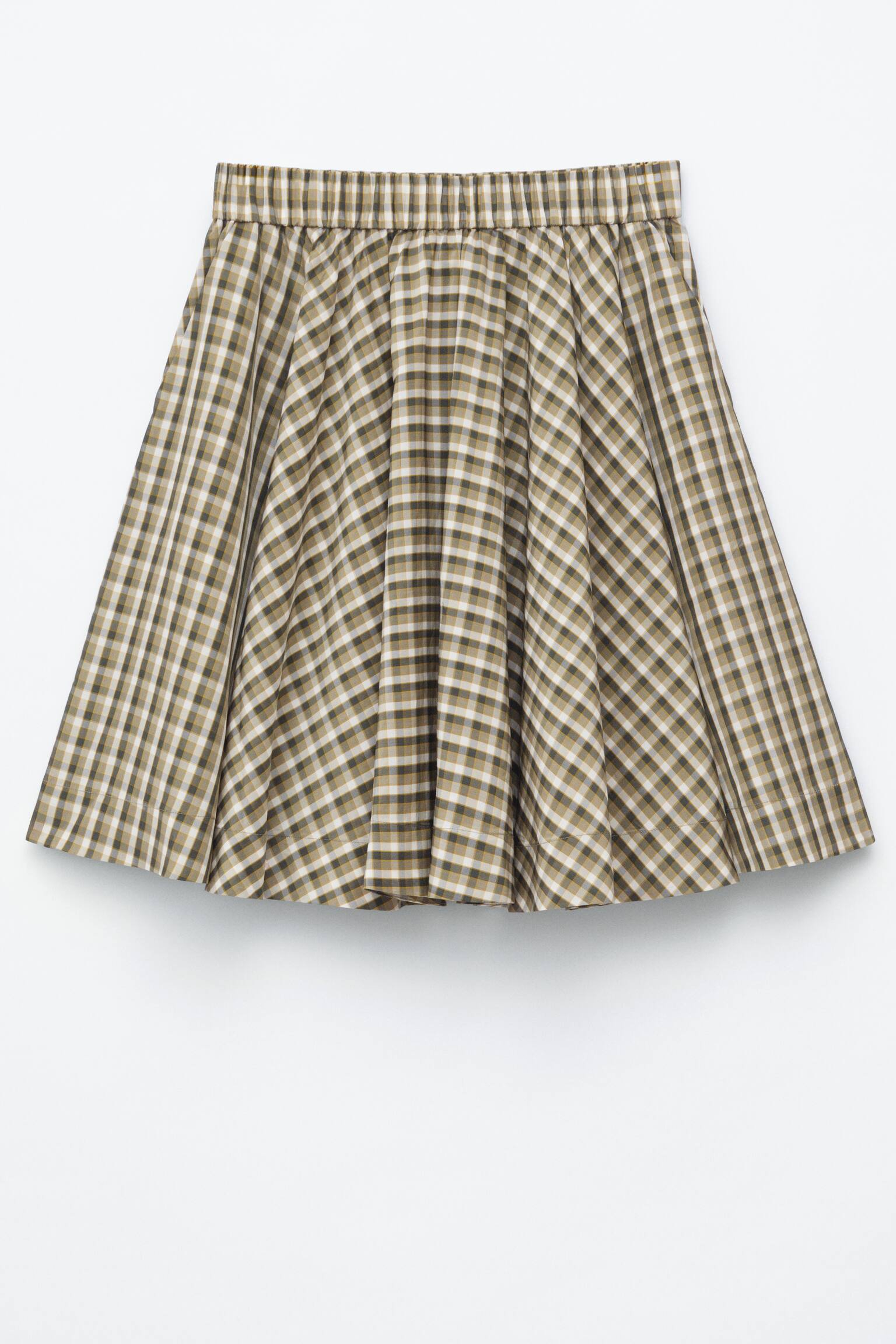 Fustă cu carouri gingham este prezentată din față, având o talie elastică și o siluetă evazată cu pliuri moi. Este decorată în nuanțe de verde măsliniu, alb și maro închis. - 1