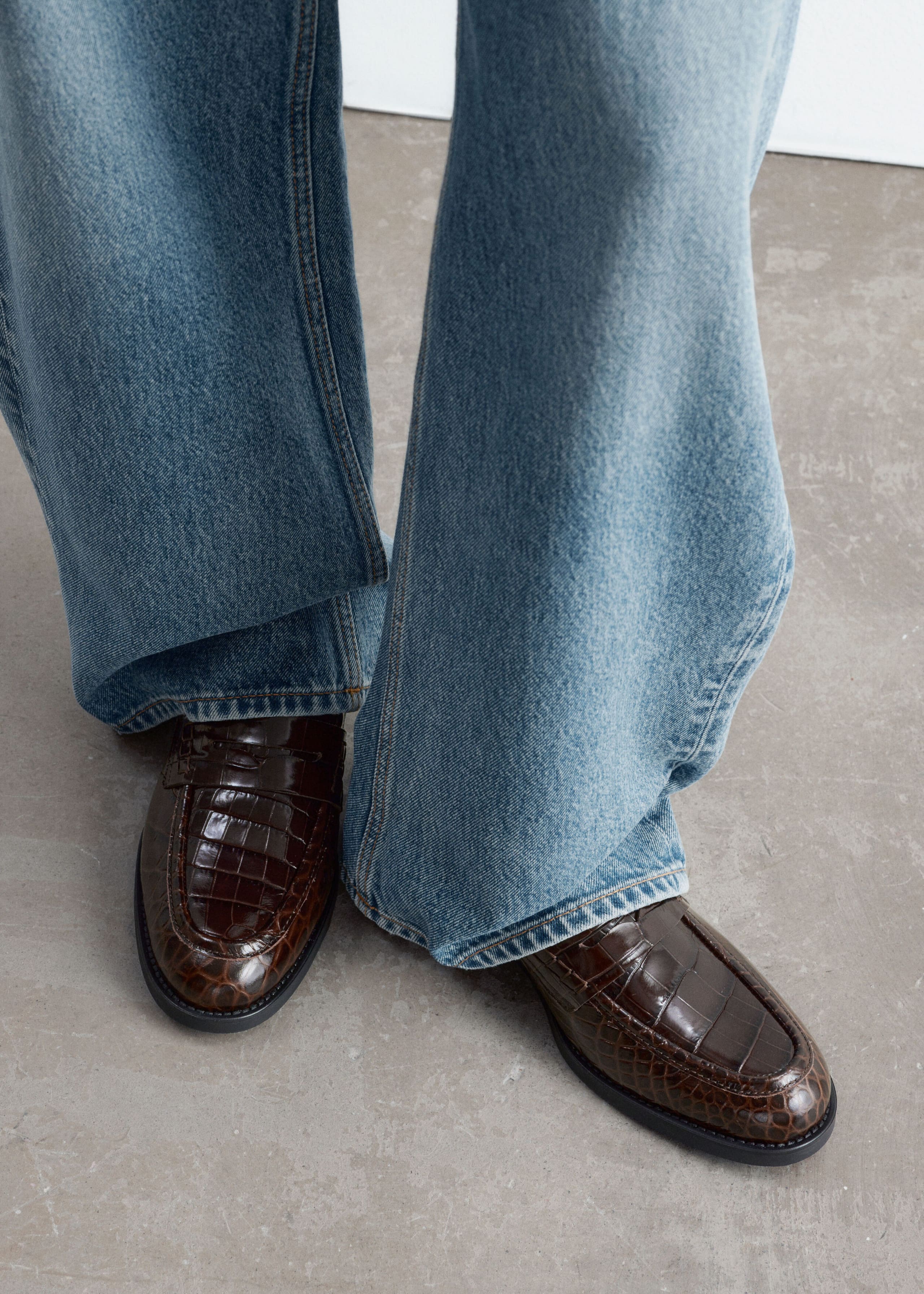 Leather Penny Loafers - Brown/Faux Croco - Still Life