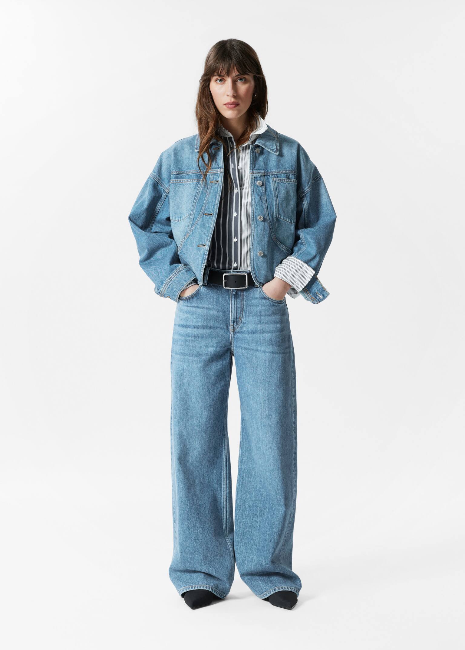 Jachetă din denim cu croială boxy - Albastru Spălat/Roz Pudrat