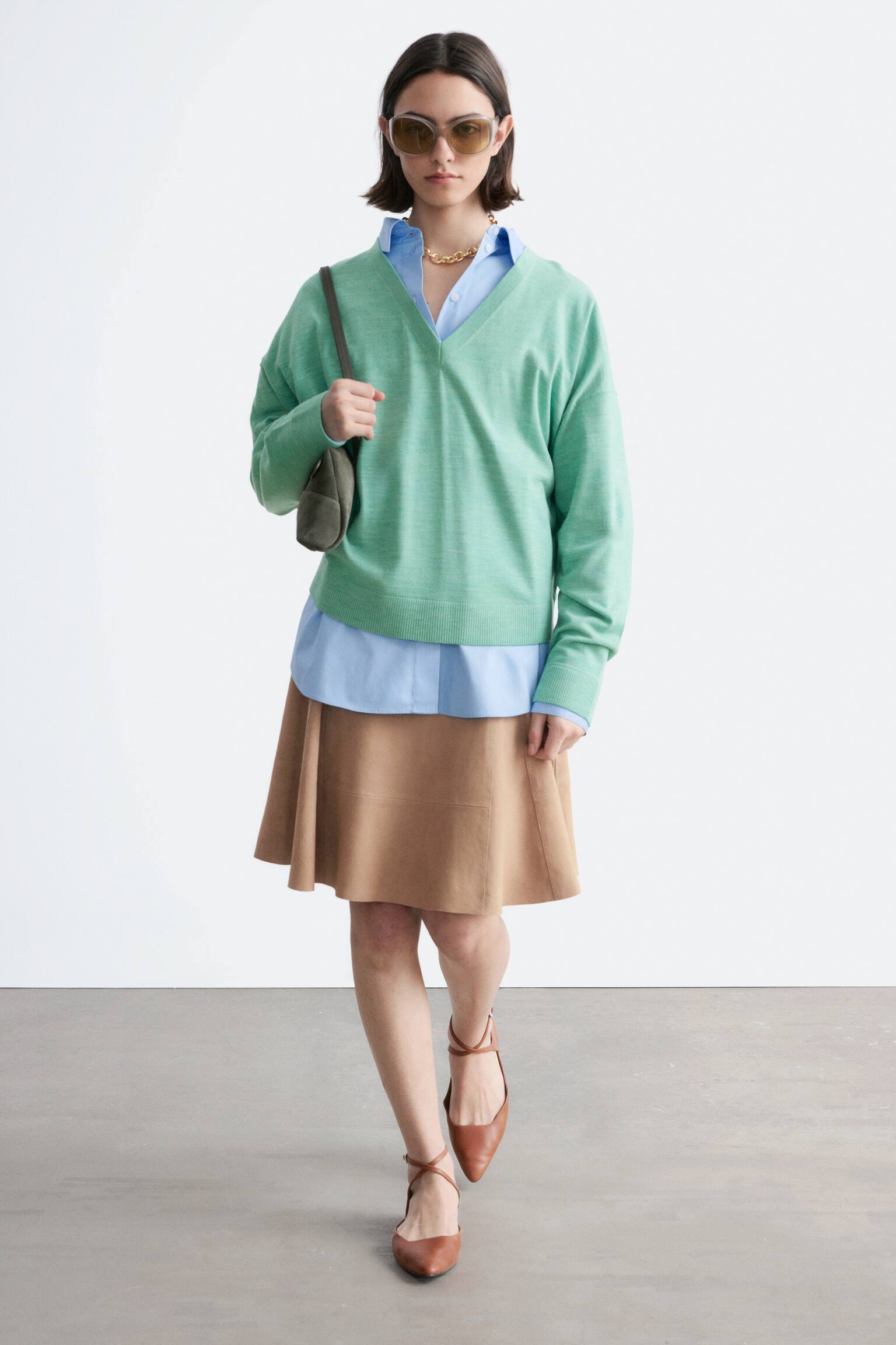 Camisola de lã merino com decote em V - Mescla turquesa claro/Verde caqui/Azul escuro - 7