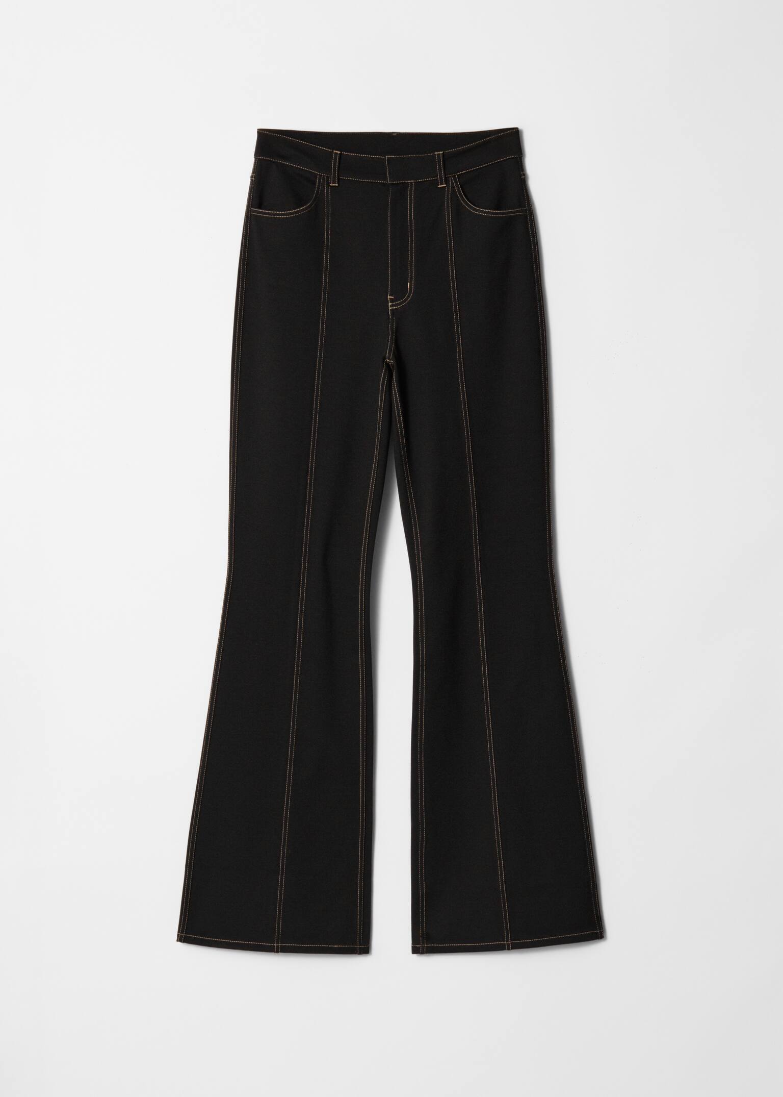 Flared Topstitched Jersey Trousers - Black
