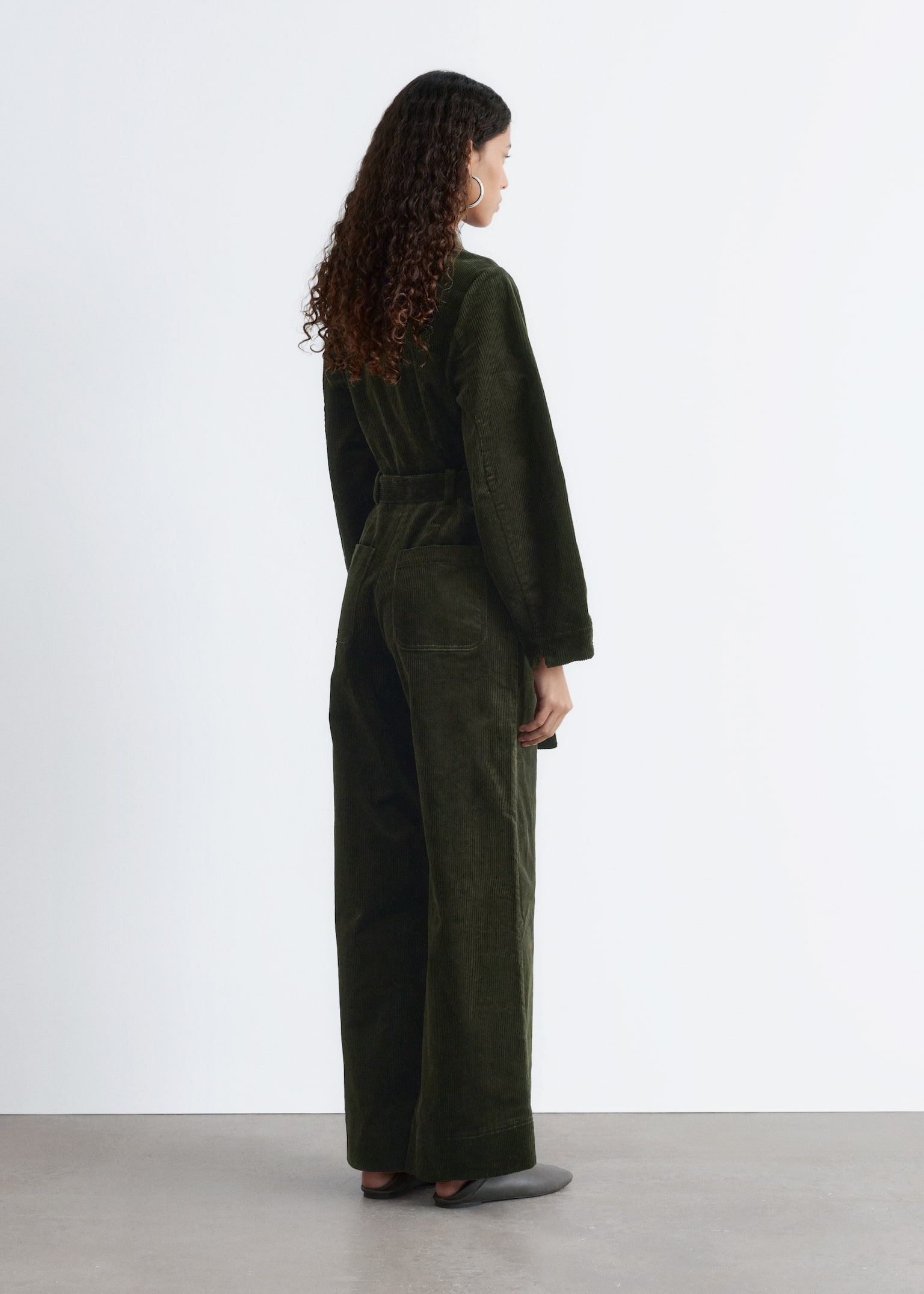 Belted Corduroy Jumpsuit - Dark Green/Burgundy - 4
