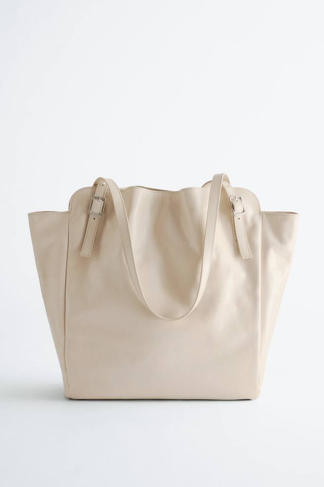 Buckle-Strap Leather Tote - Light Beige/Khaki Green - 1