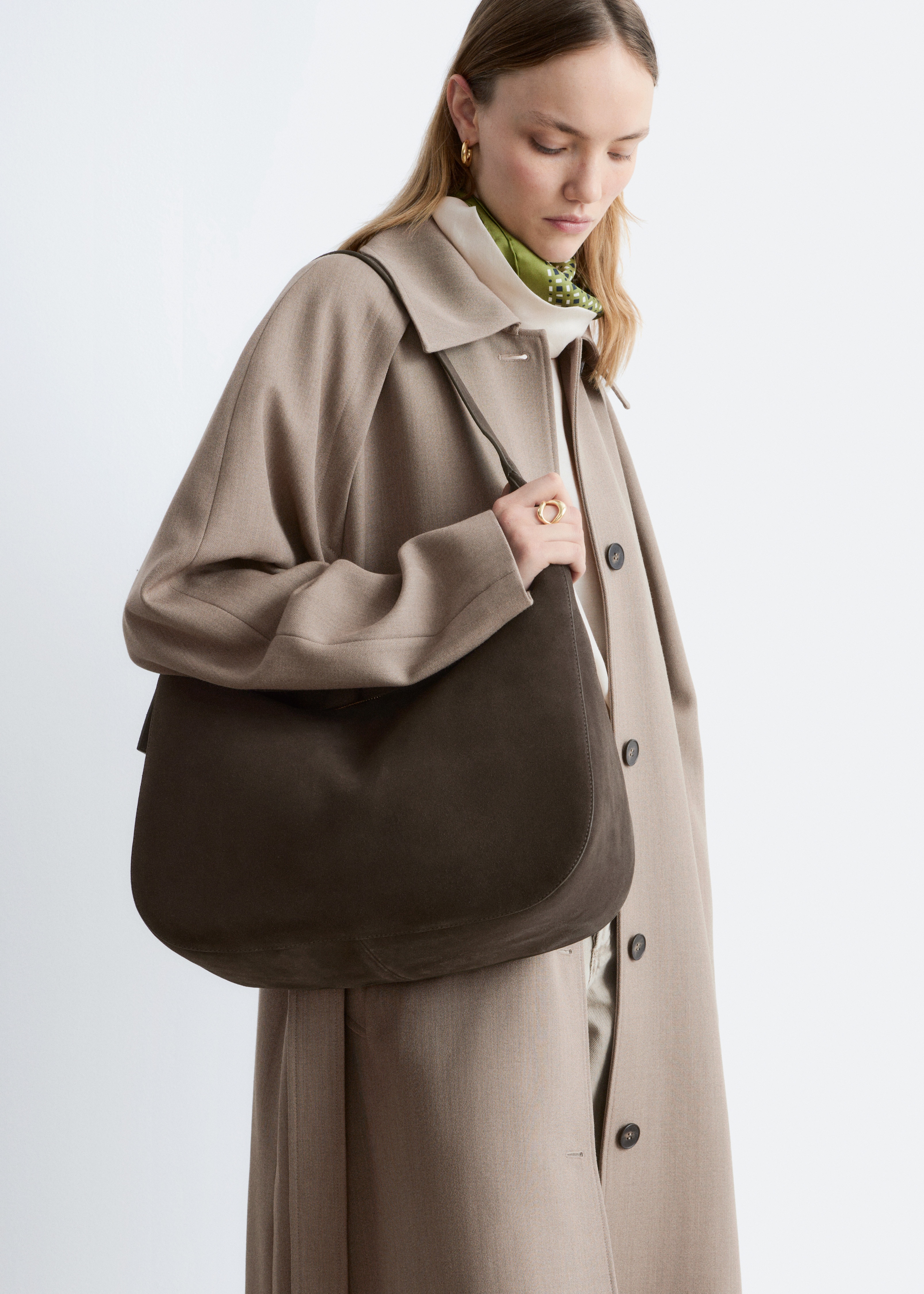 Suede Shoulder Bag - Dark Brown/Khaki Green Suede