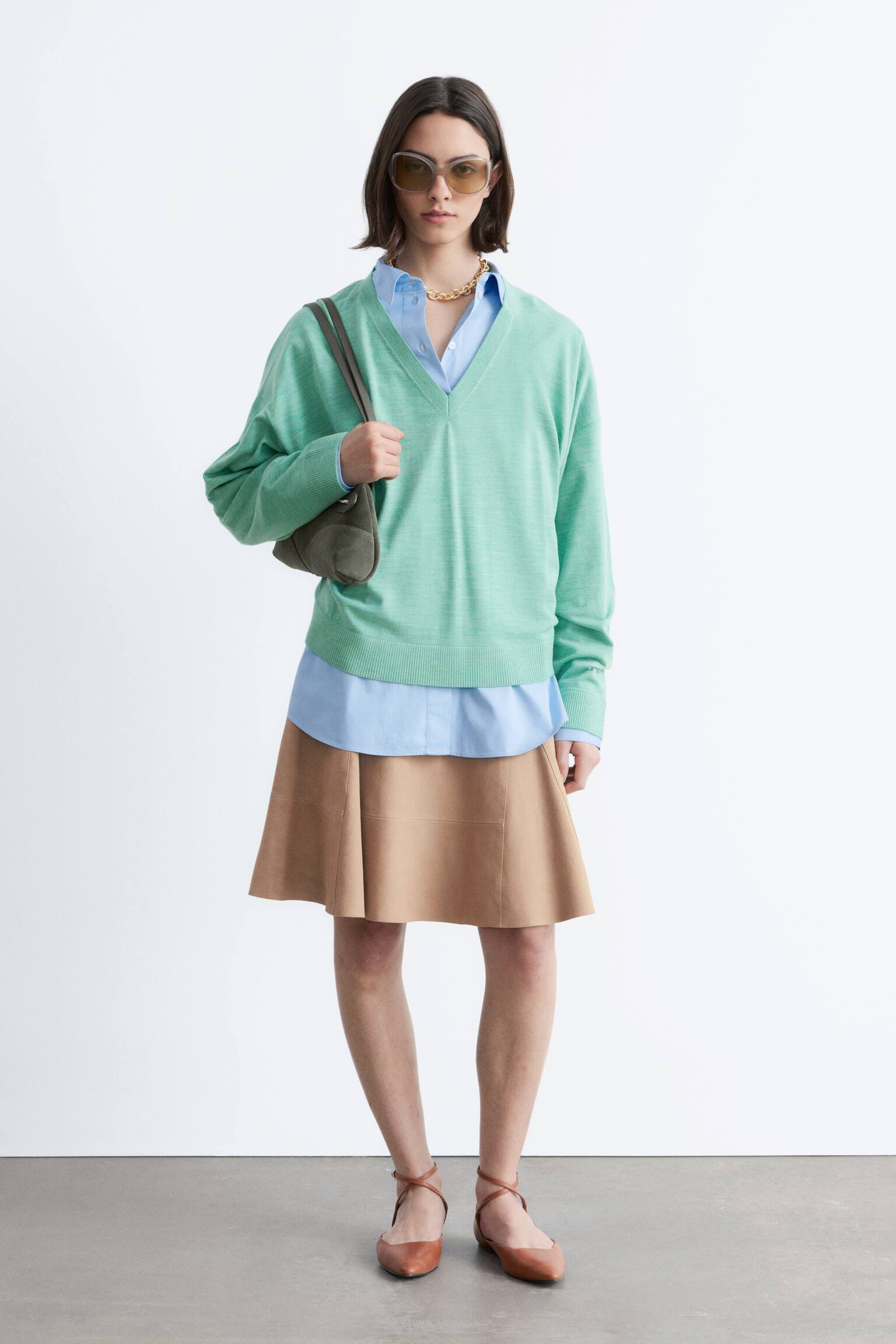 Camisola de lã merino com decote em V - Mescla turquesa claro/Verde caqui/Azul escuro - 6