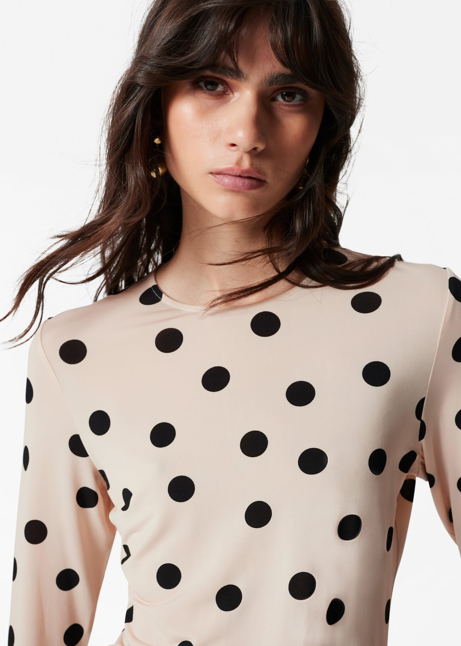 Haut en jersey à manches longues - Beige à pois - 1