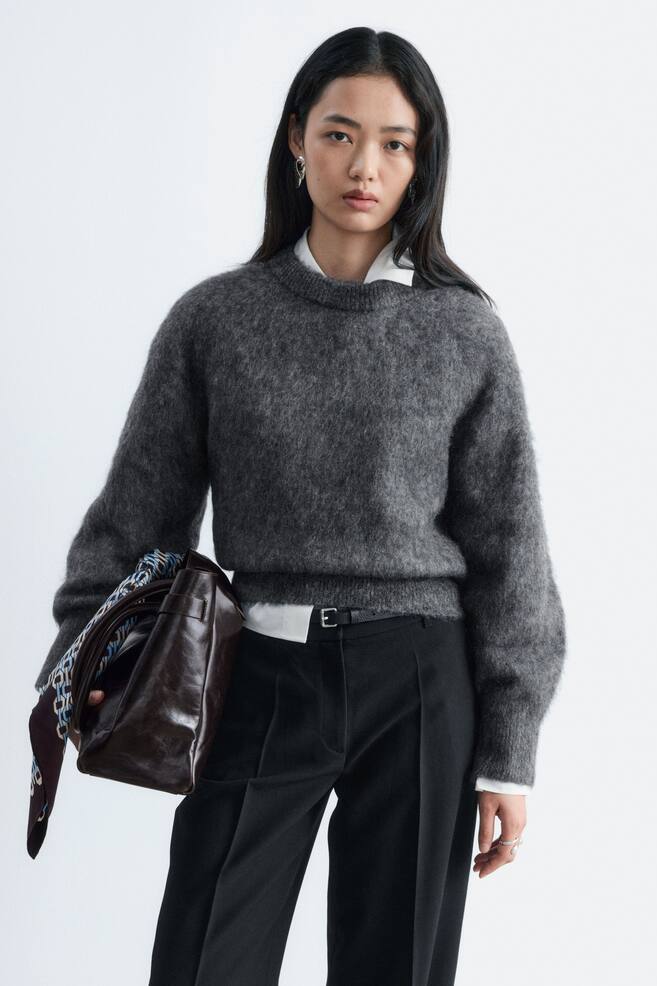 Mohair-Blend Balloon-Sleeve Jumper - Dark Grey Melange/Light Beige - 1