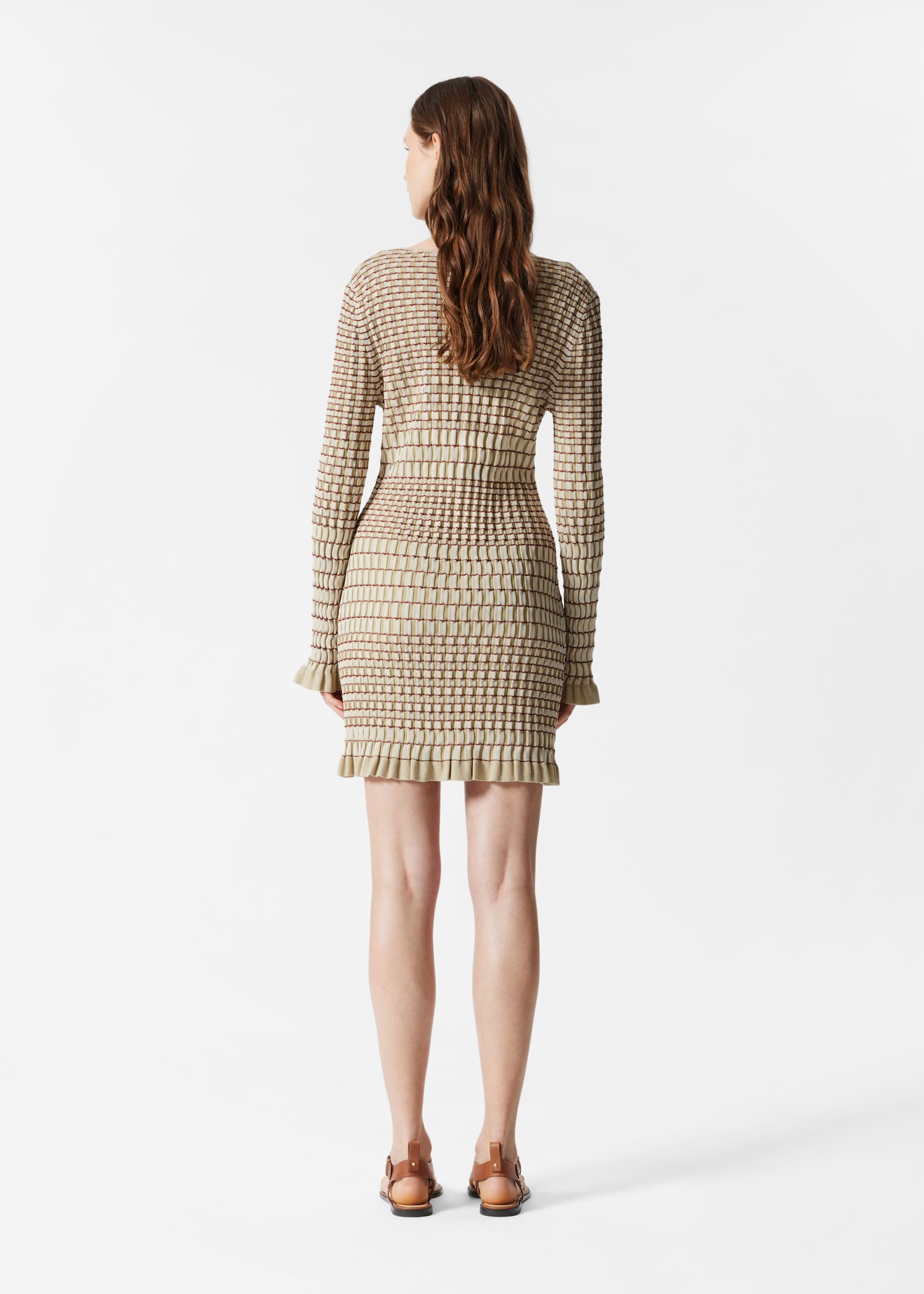 Langärmliges Mini-Strickkleid - Beige/Gemustert - 3