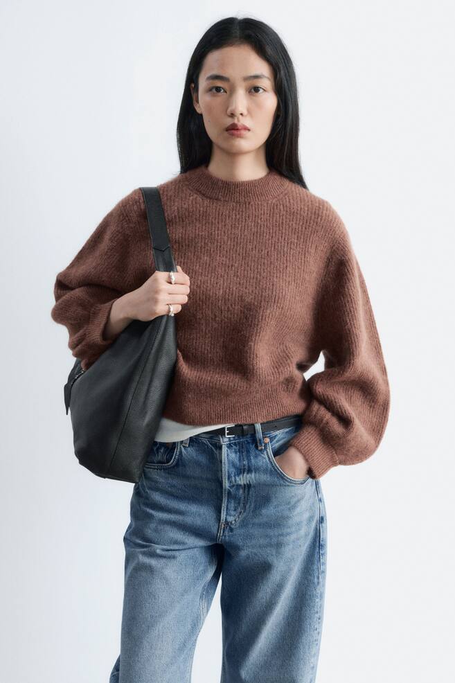 Alpaca-Blend Balloon-Sleeve Jumper - Brown - 1