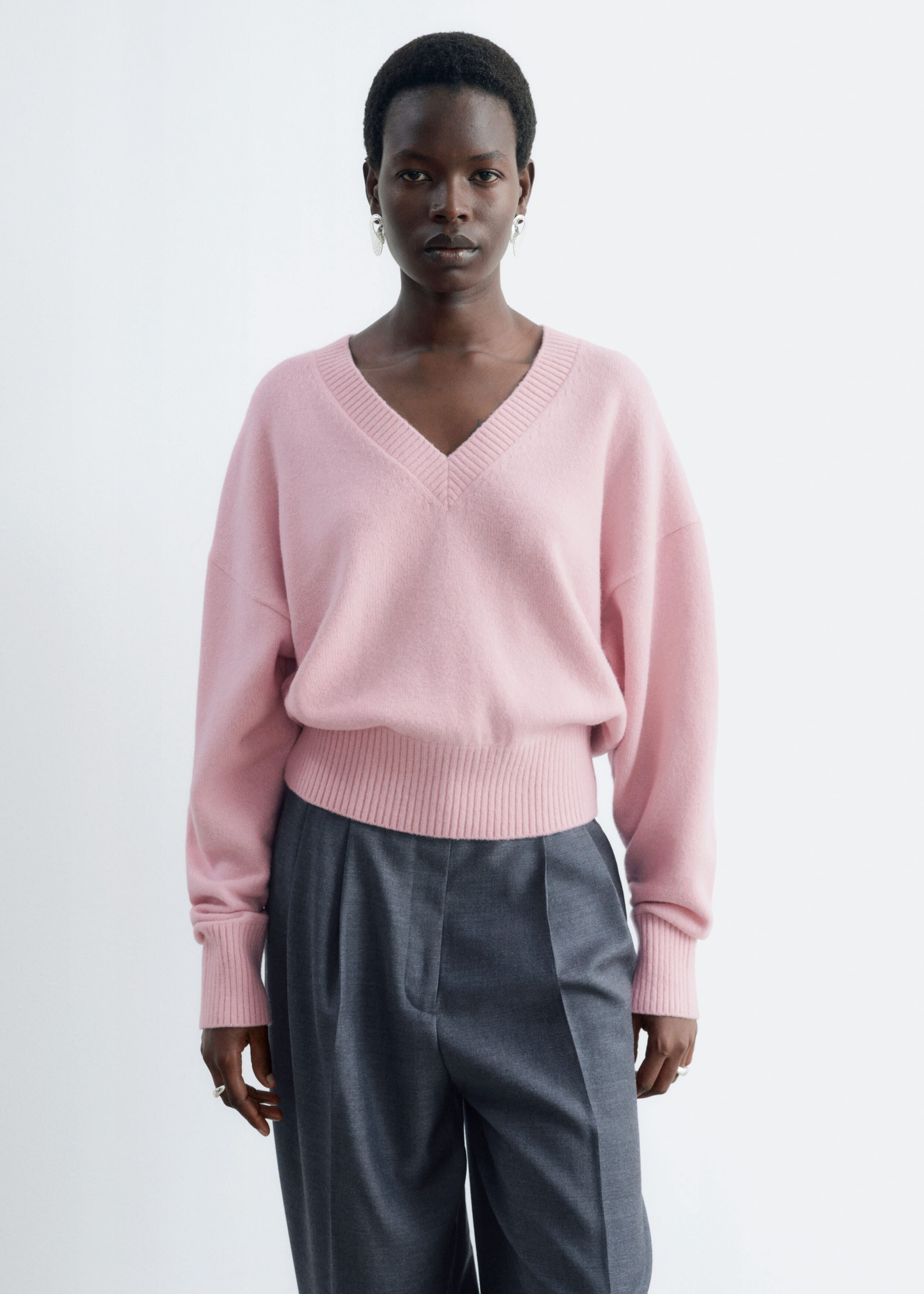 Wool-Cotton V-Neck Jumper - Grey - Lookbook