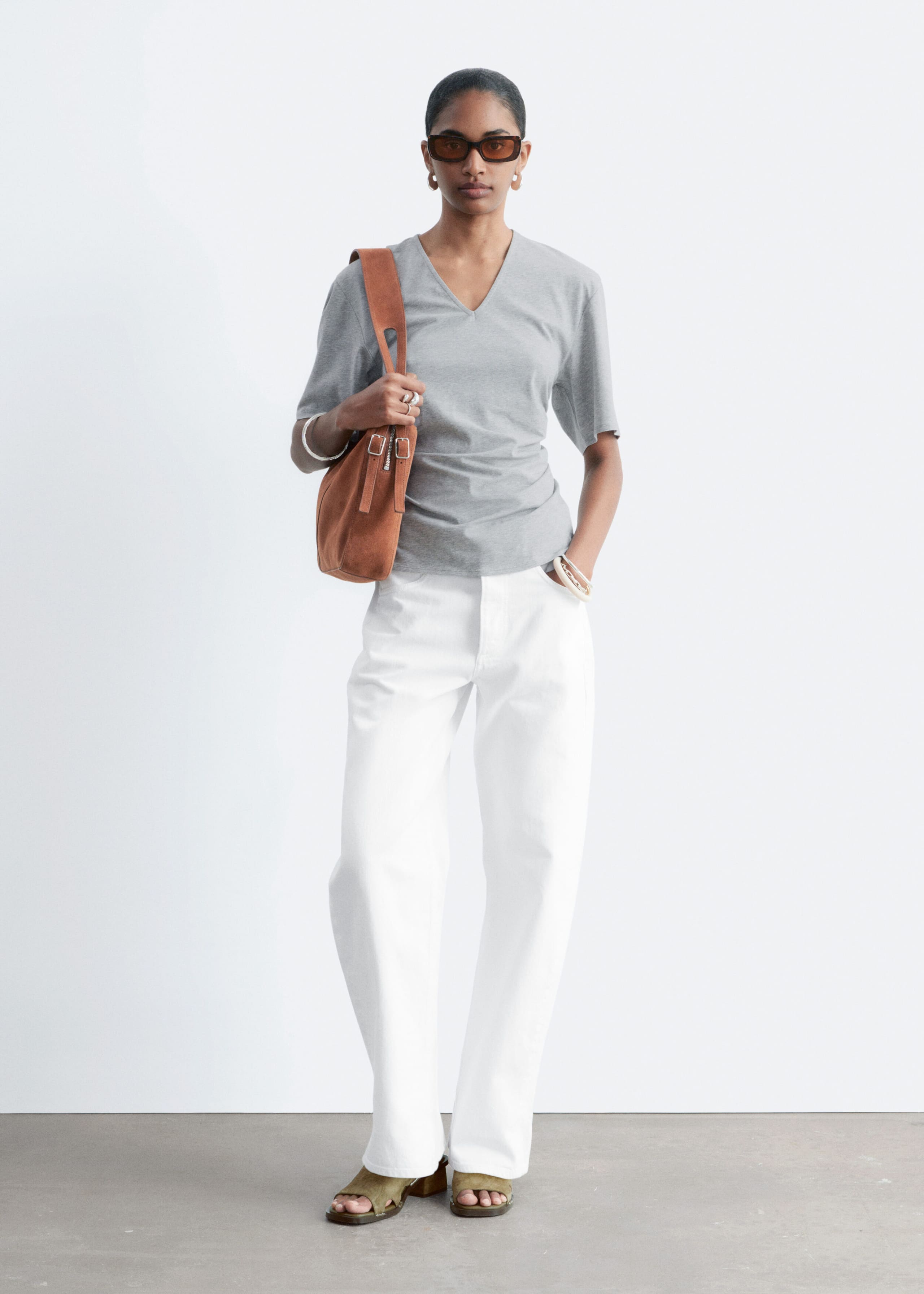 Image of Gathered V-Neck T-Shirt