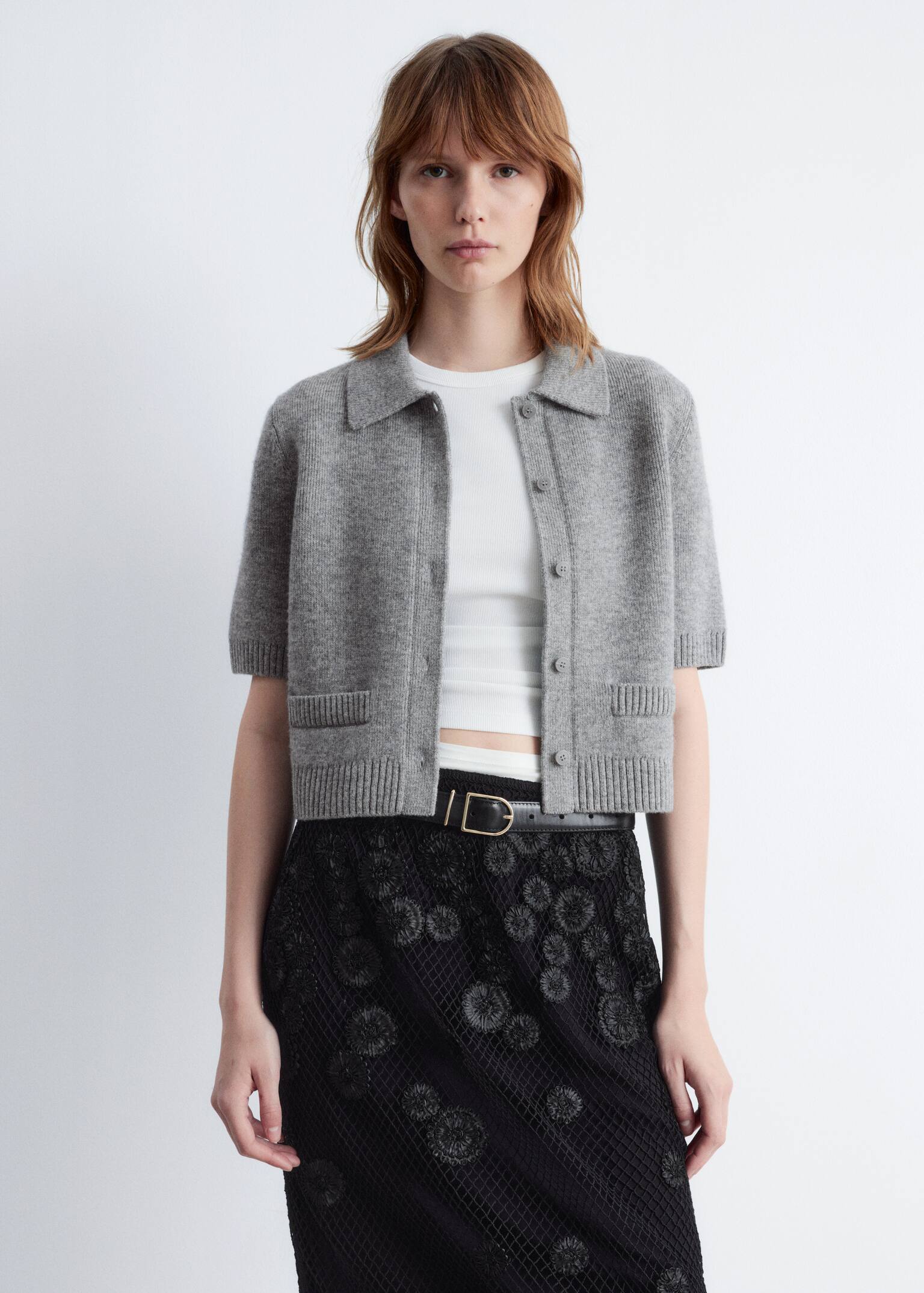 Knitted Short-Sleeve Cardigan - Grey/White/Dusty Blue