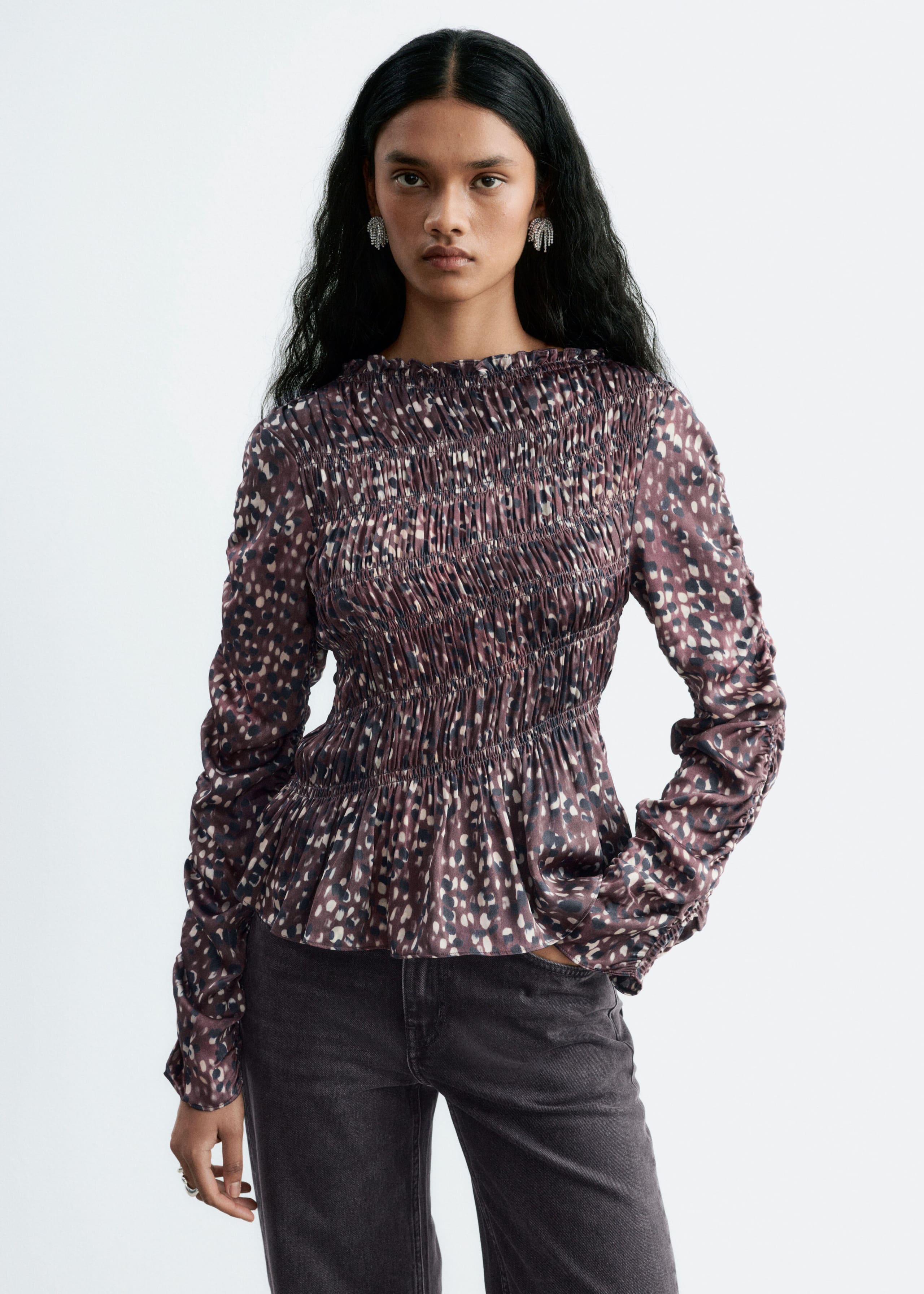 Smocked Blouse - Brown/Printed - Lookbook
