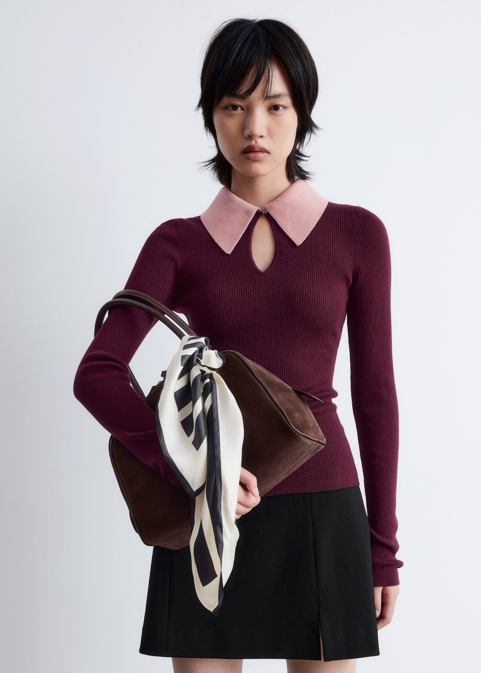 Keyhole Collar Top - Dark Red/Pink/Grey/Brown/Brown - 5