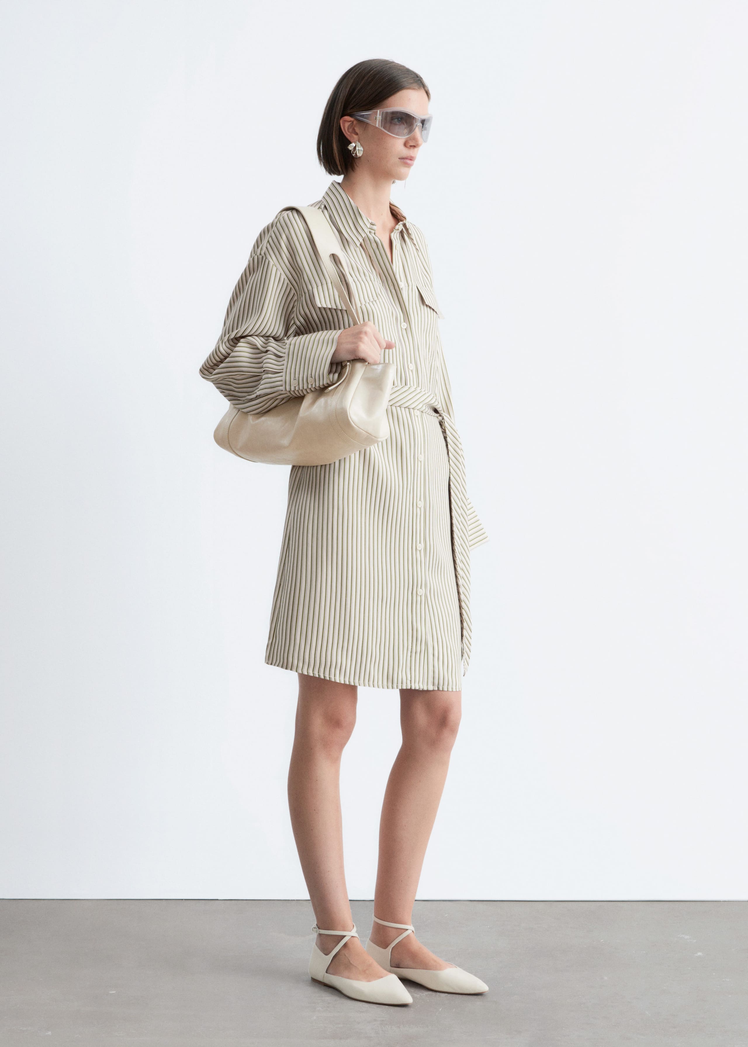 Tie-Belt Mini Shirt Dress - White/Green Pinstripes - Lookbook