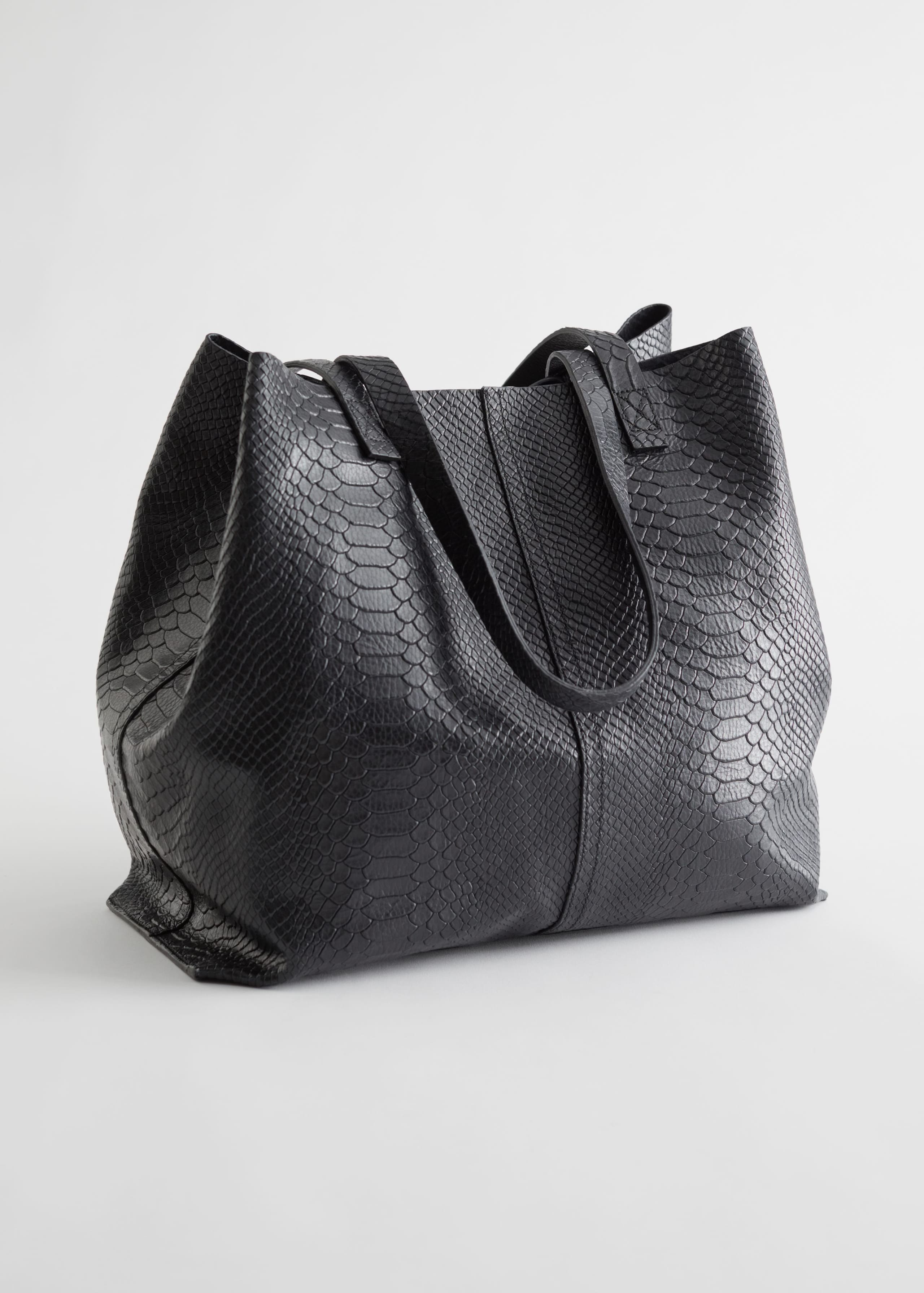 Snake Embossed Leather Tote Bag - Black Snake - Still Life