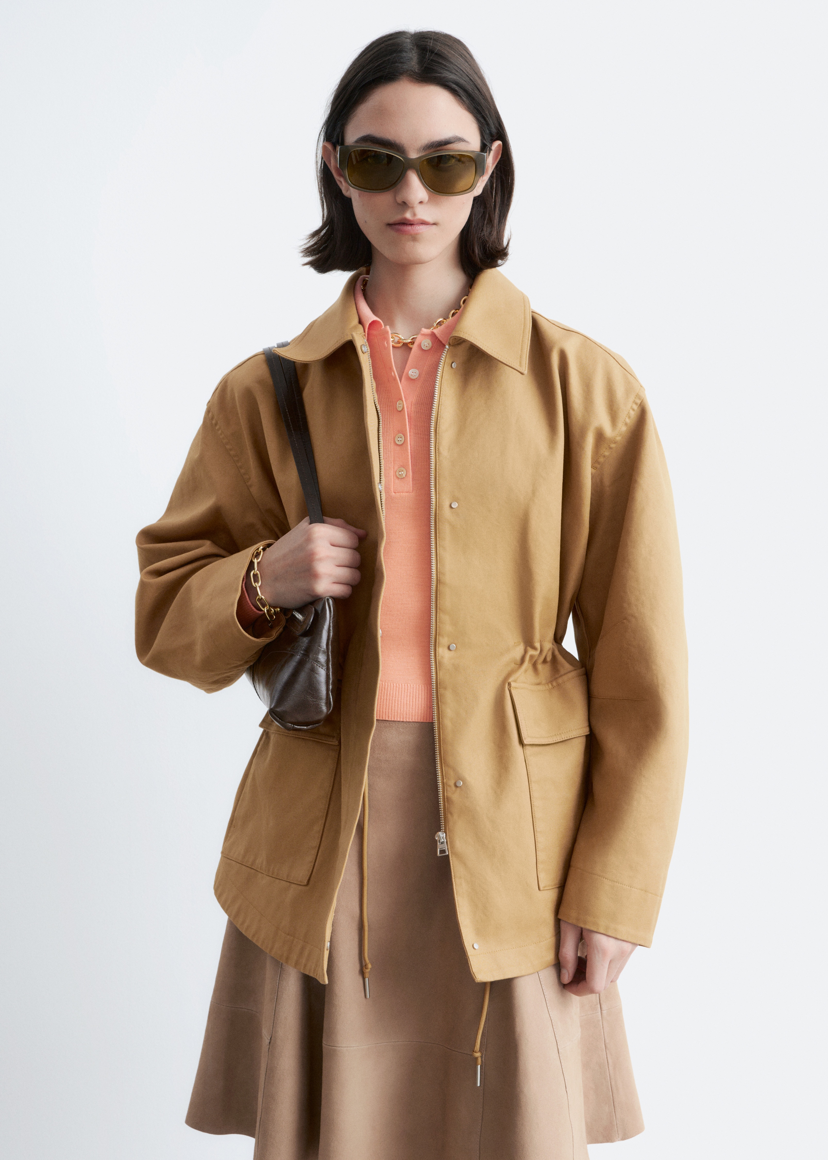 Oversized Drawstring Utility Jacket - Mustard Yellow/Dark Brown