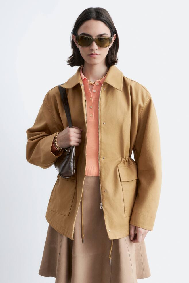 Oversized Drawstring Utility Jacket - Mustard Yellow/Khaki Green/Dark Brown - 1