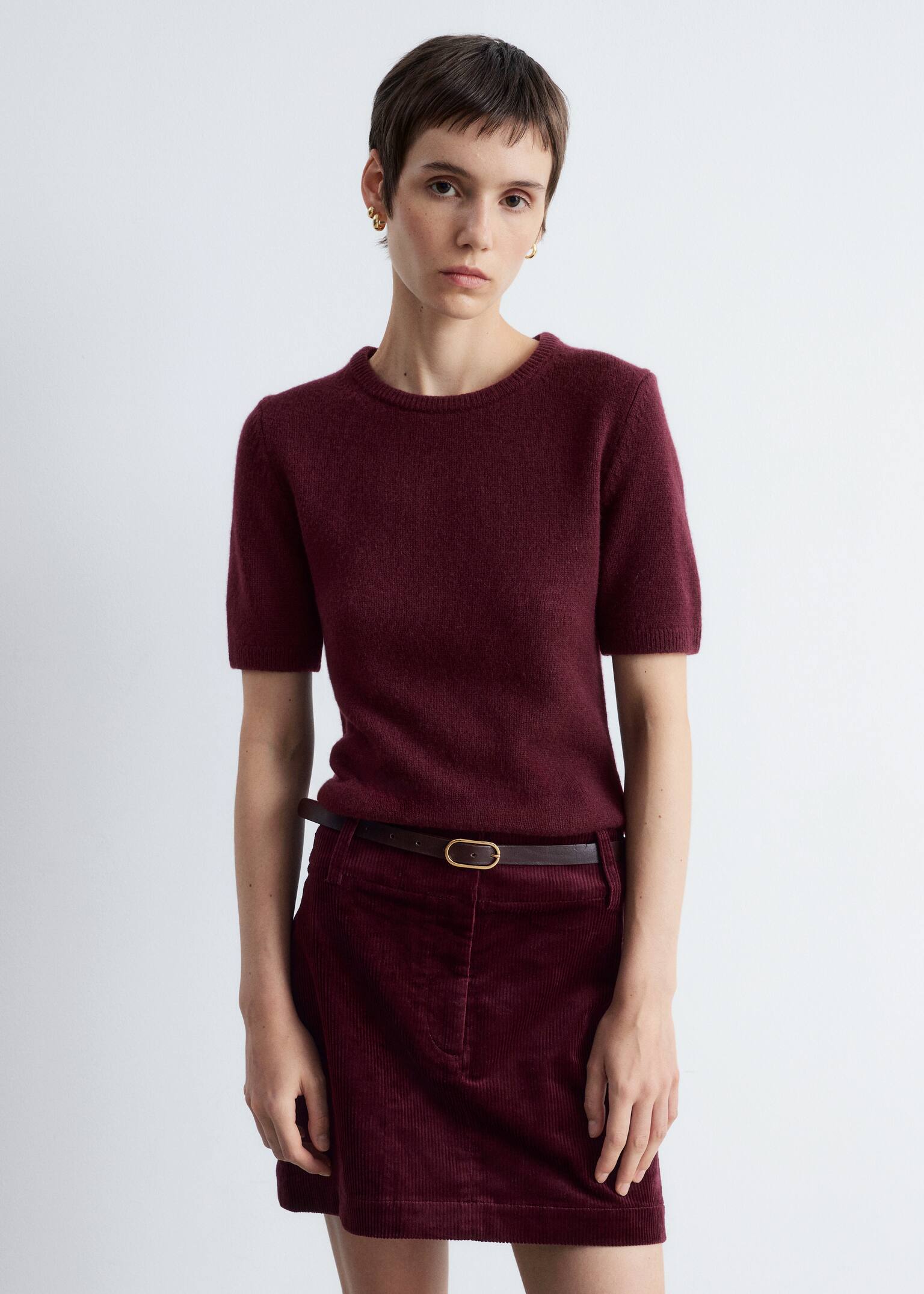 Knitted Cashmere T-shirt - Dark Red/Light Grey/Dark Brown