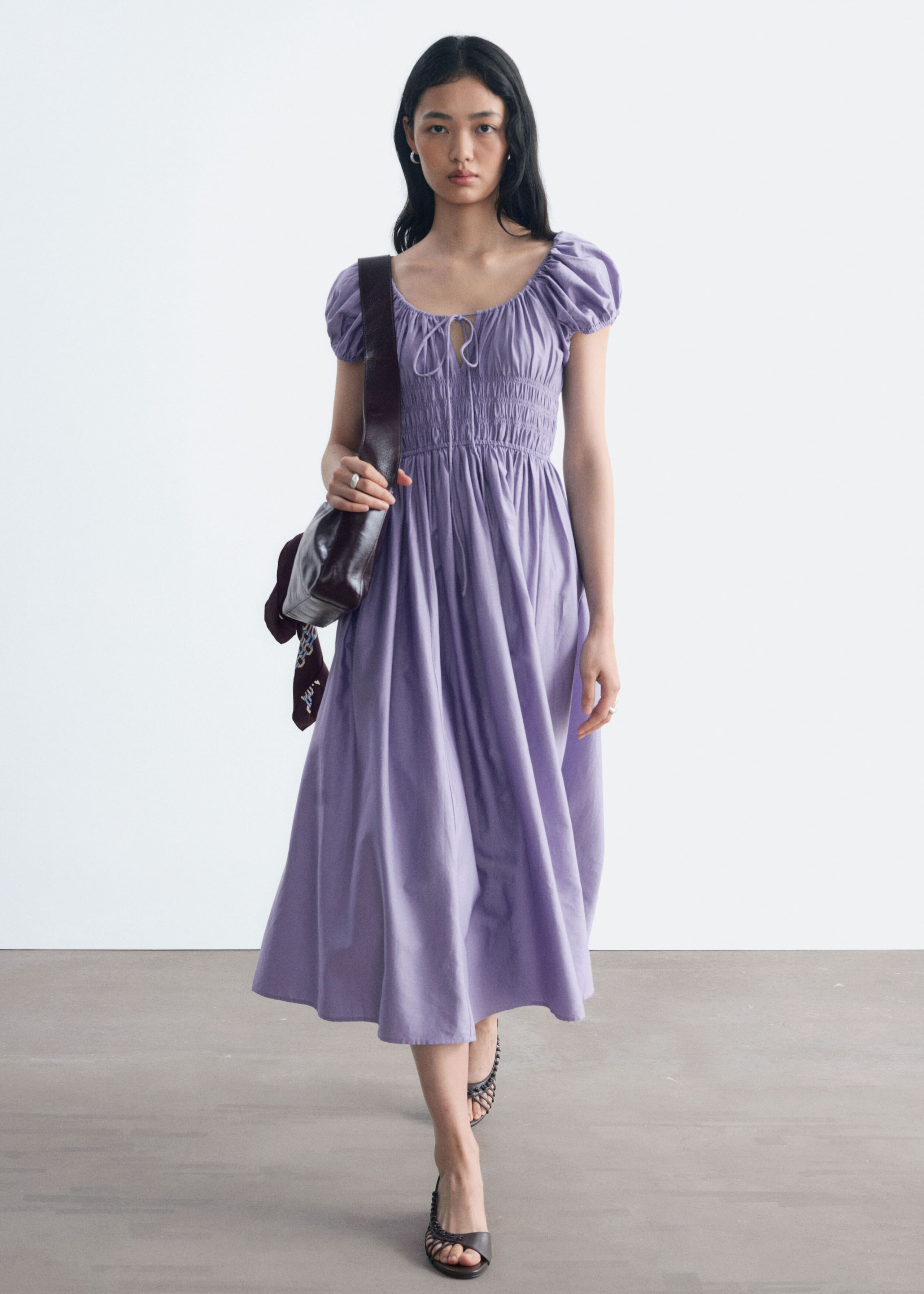 Cotton Smocked Midi Dress - Brown - Lookbook