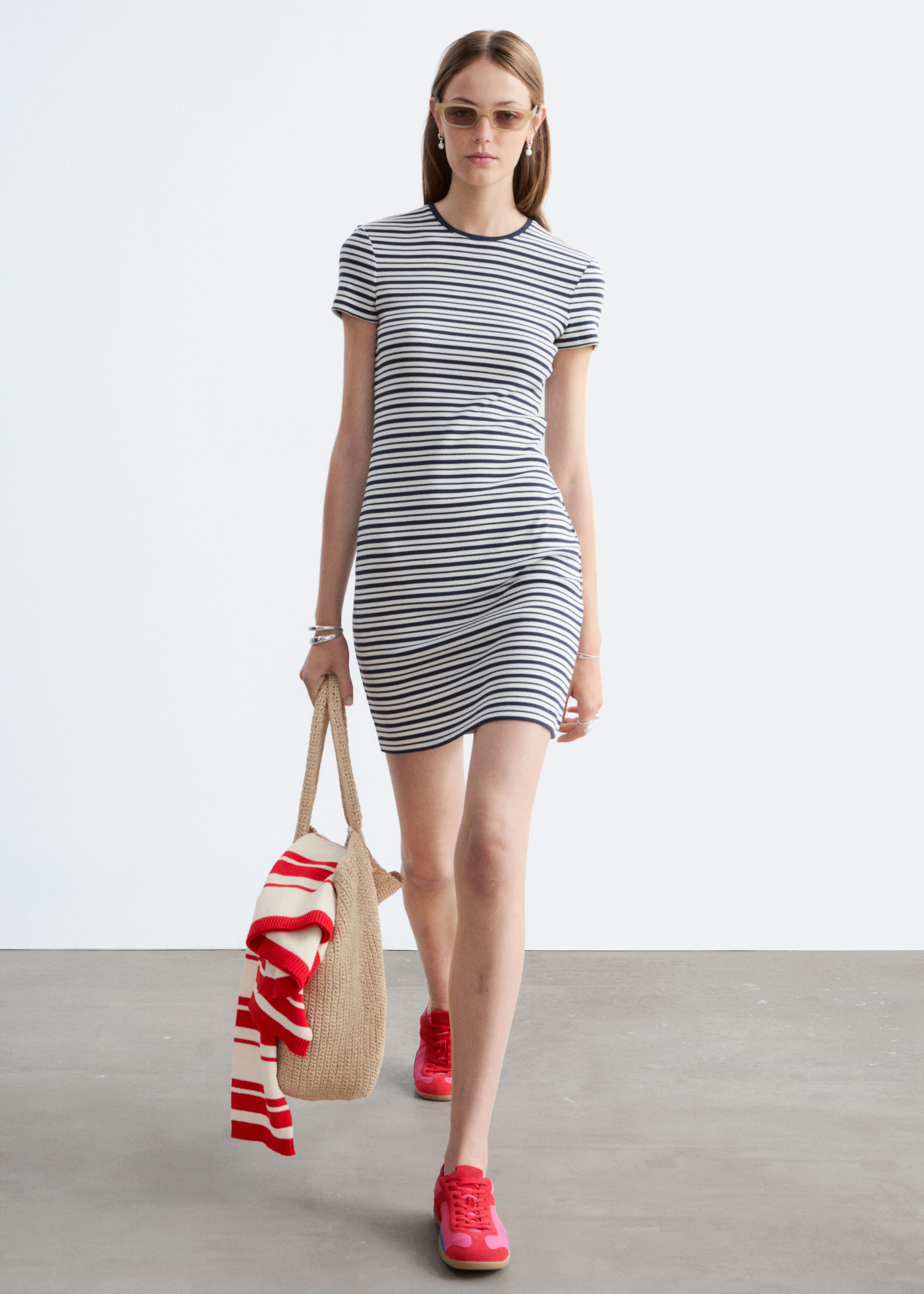 Cotton Jersey Mini Dress - White/Blue/Striped - Lookbook
