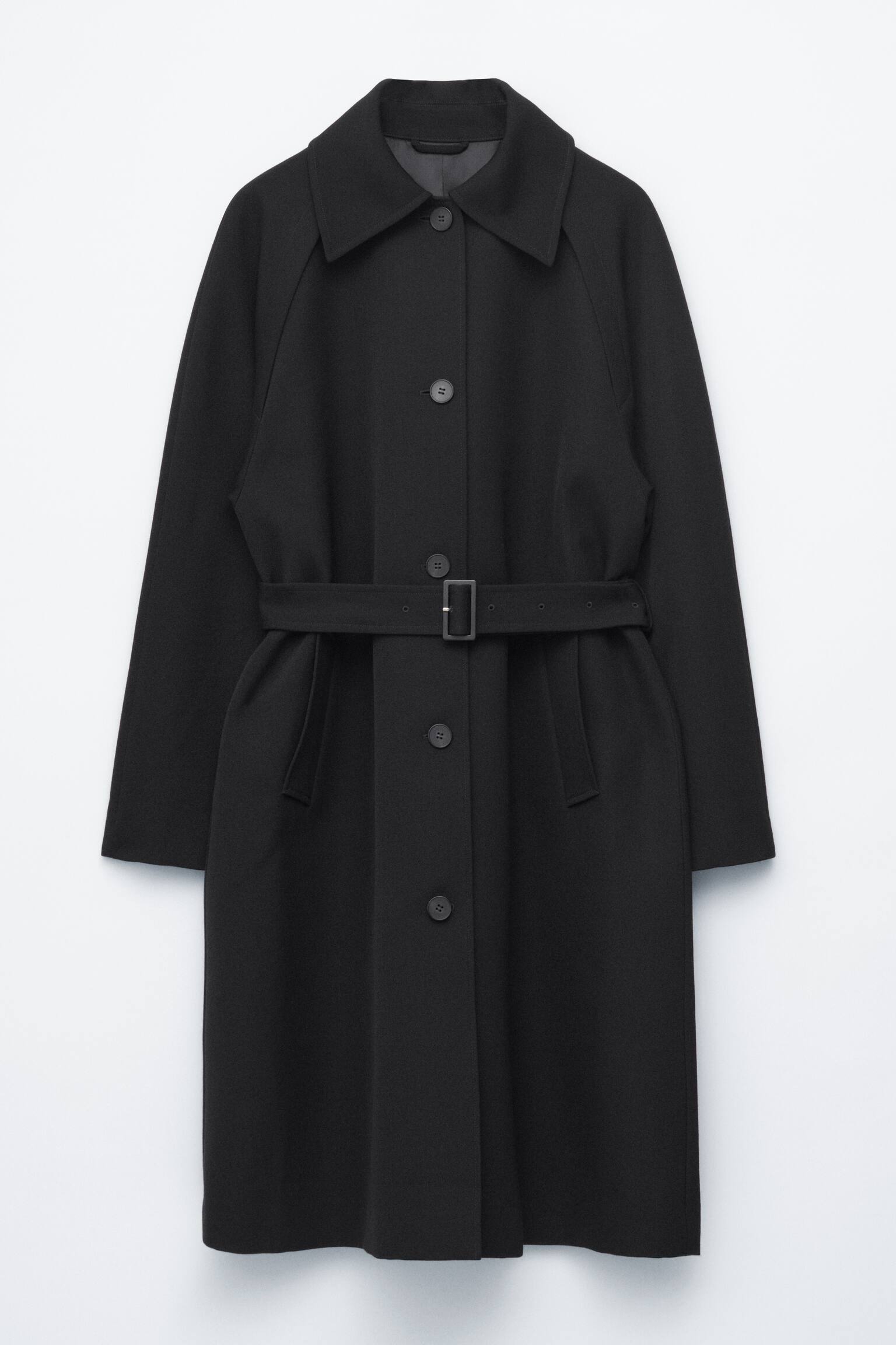 Trenchcoat i ull med knytskärp - Svart/Mullvad - 2