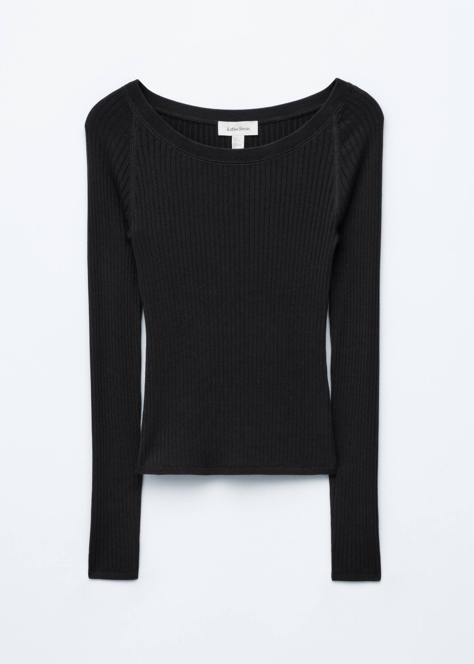 Boat-Neck Rib-Knit Top - שחור - 1