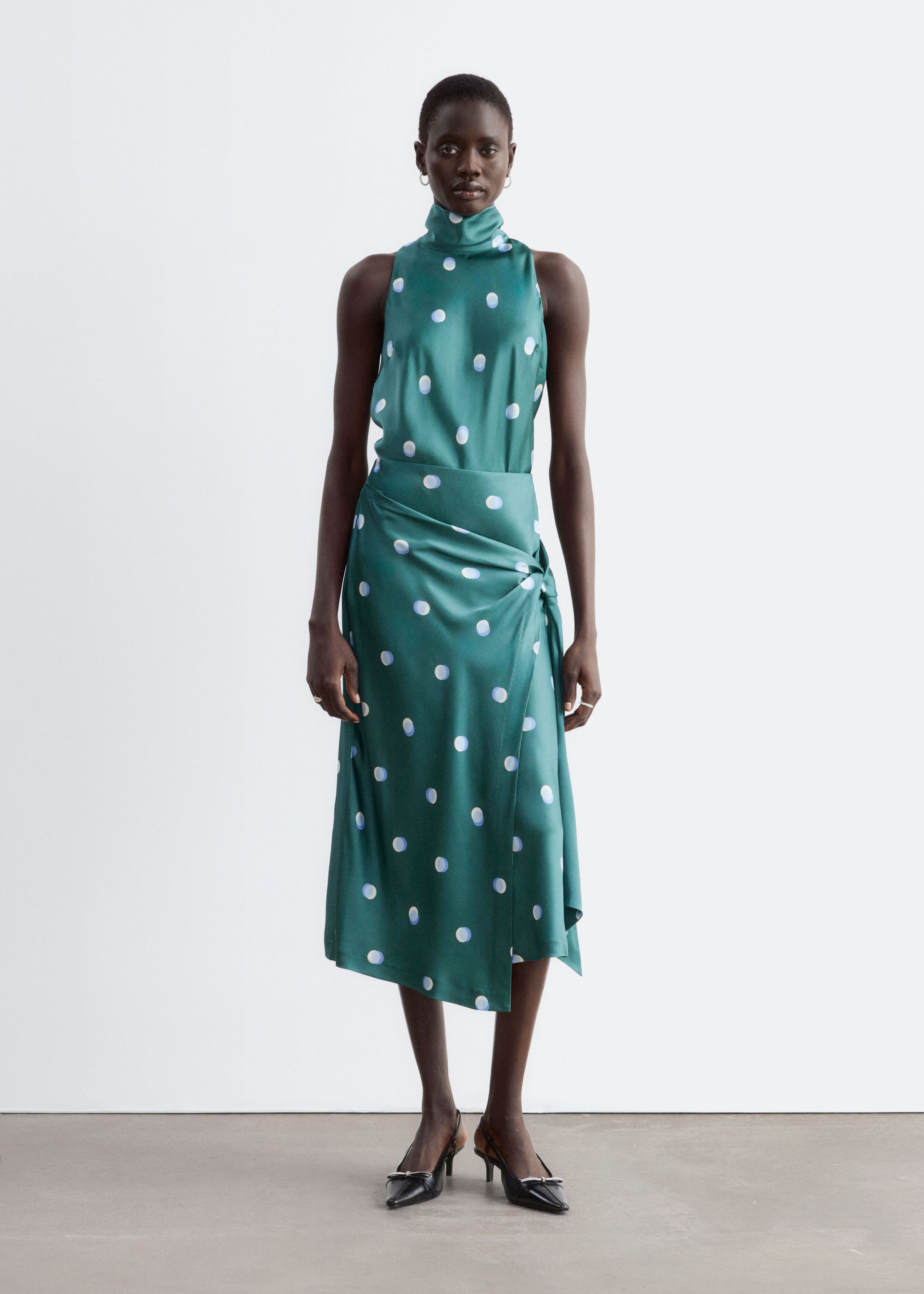 Draped Midi Skirt - Dark Green/Dots - Lookbook