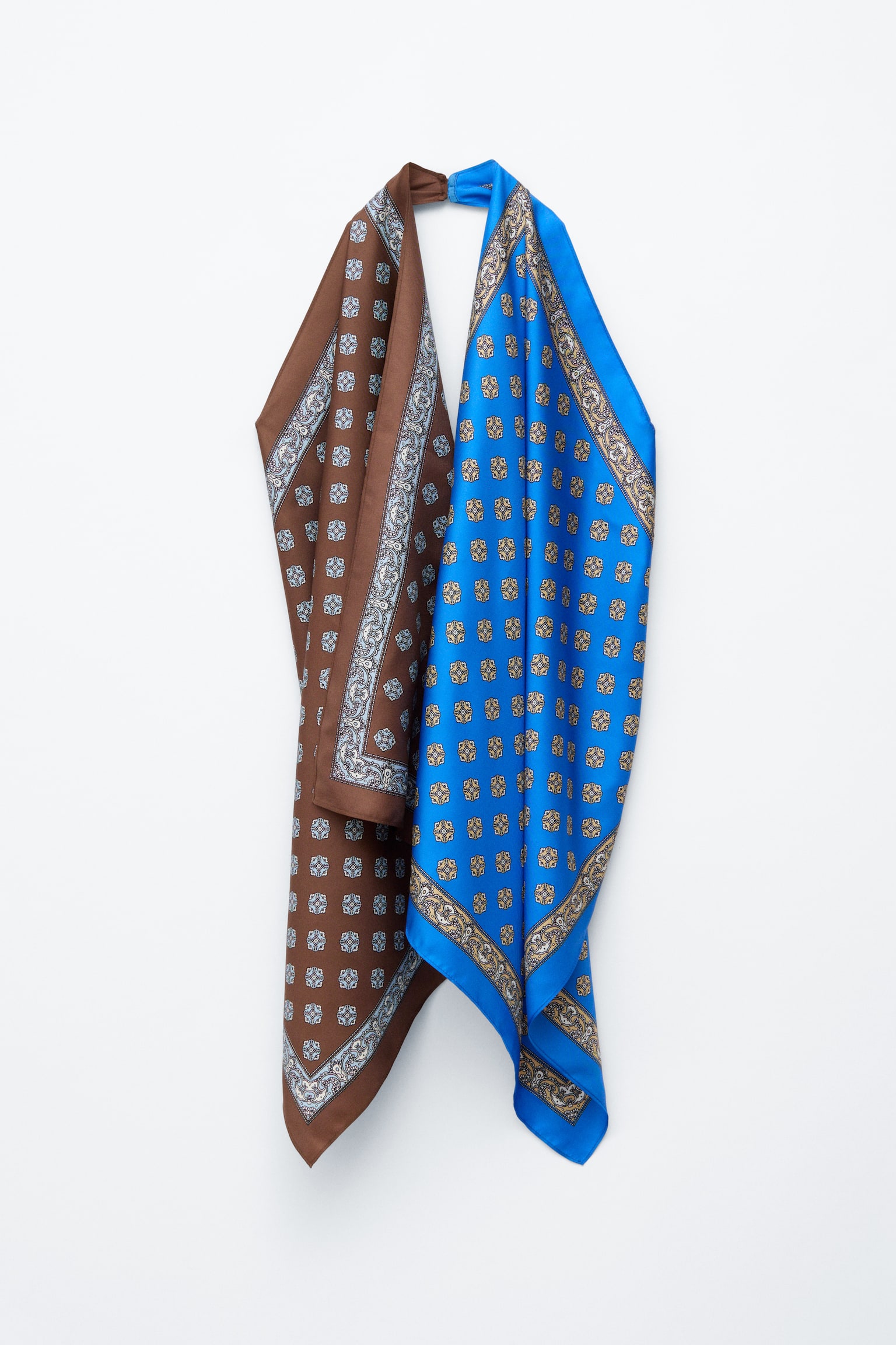 Top con foulard in seta e scollo all'americana - Stampa astratta marrone/blu