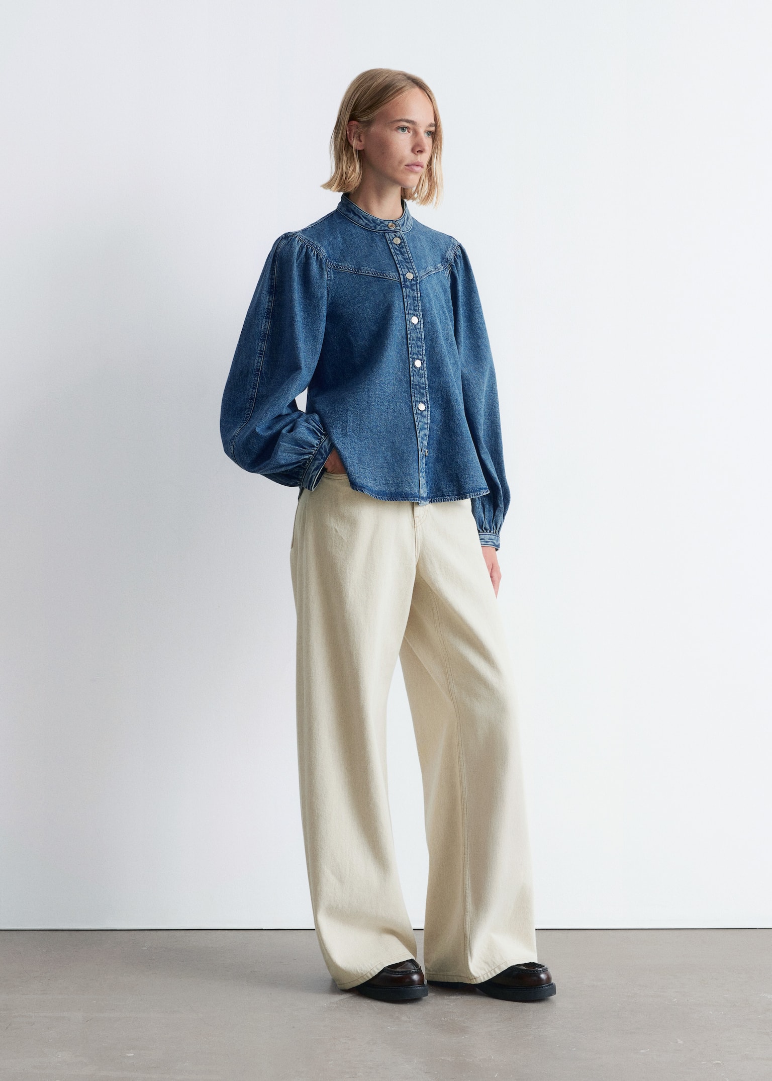 Blouse en denim à manches ballon - Bleu moyen - 6