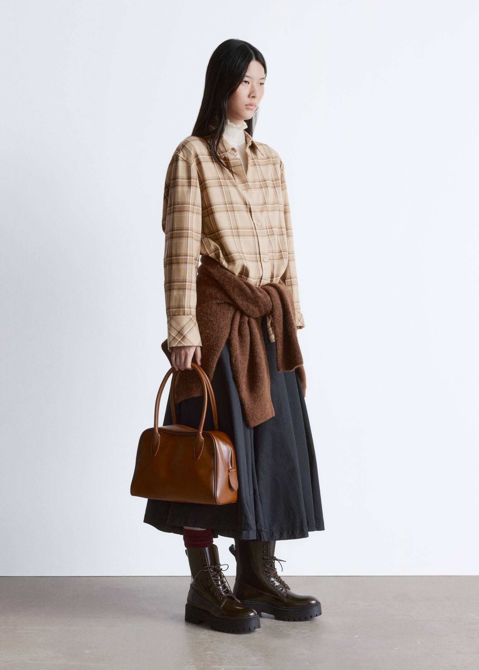 Oversized košeľa - Béžová kockovaná - 1