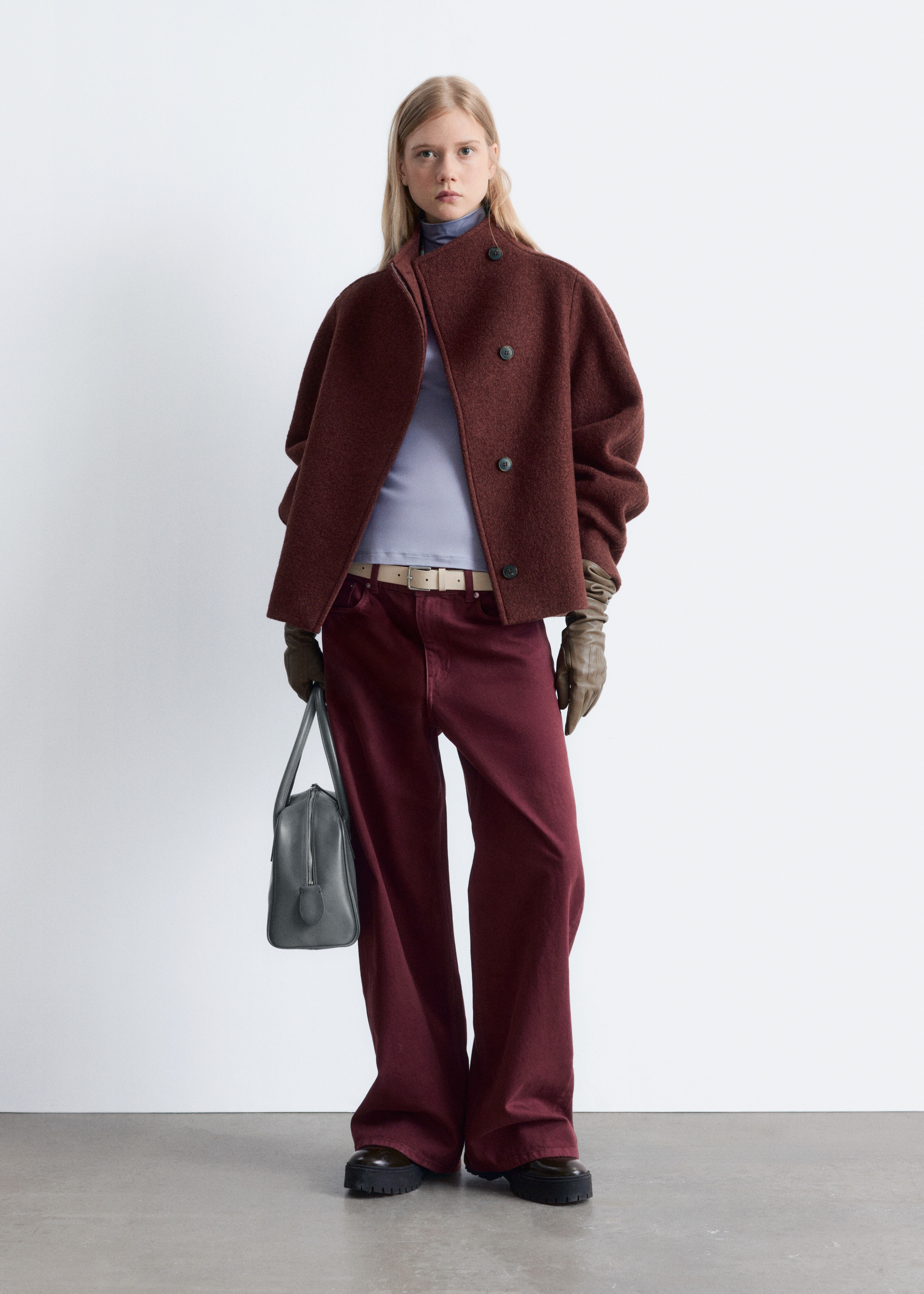 Asymetryczna wełniana kurtka - Ciemnoczerwony/Mole