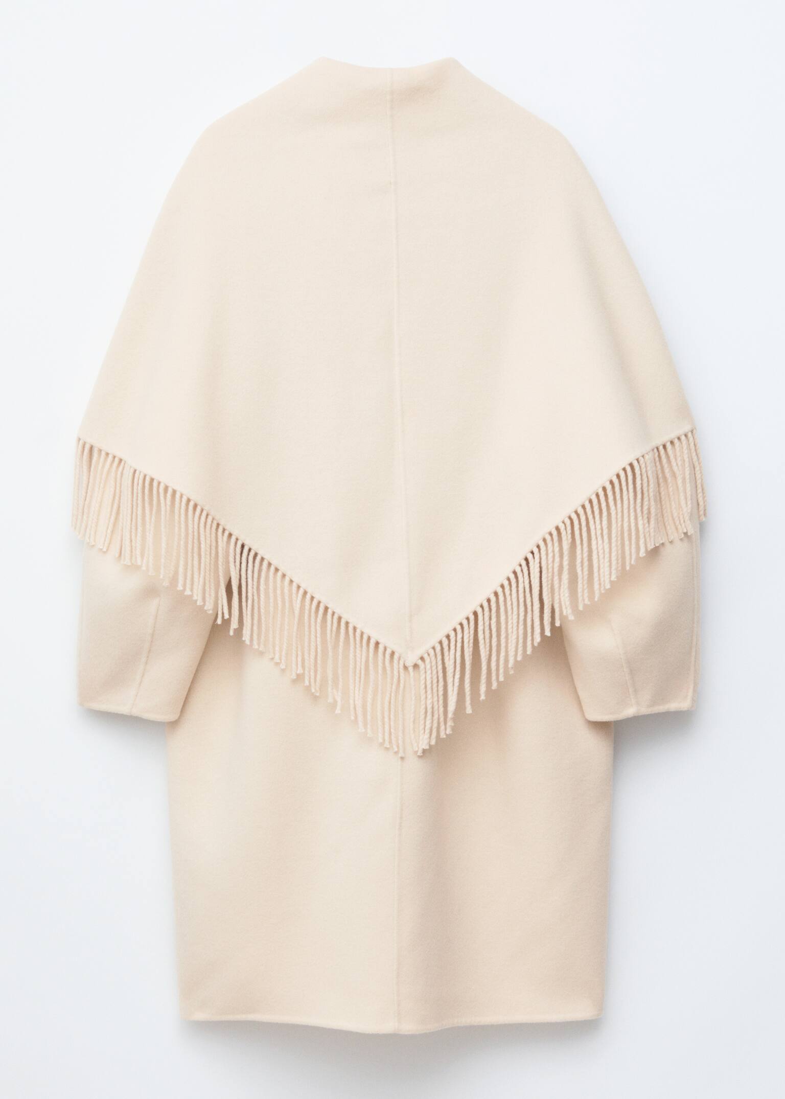 Fringed Shawl Wool Coat - Cream/Black - 5