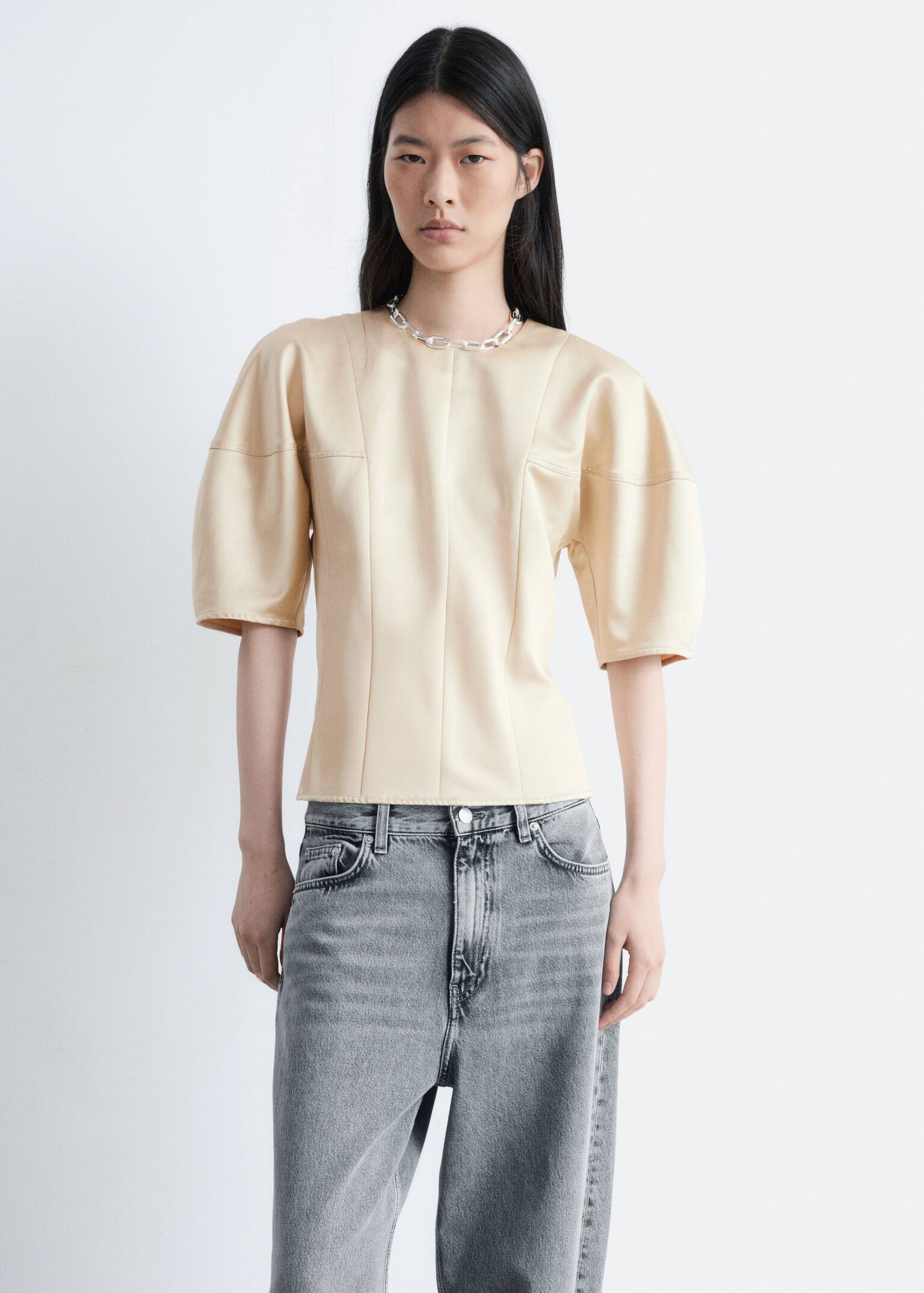 Satinoberteil mit Puffärmeln - Beige/Schwarz - 5