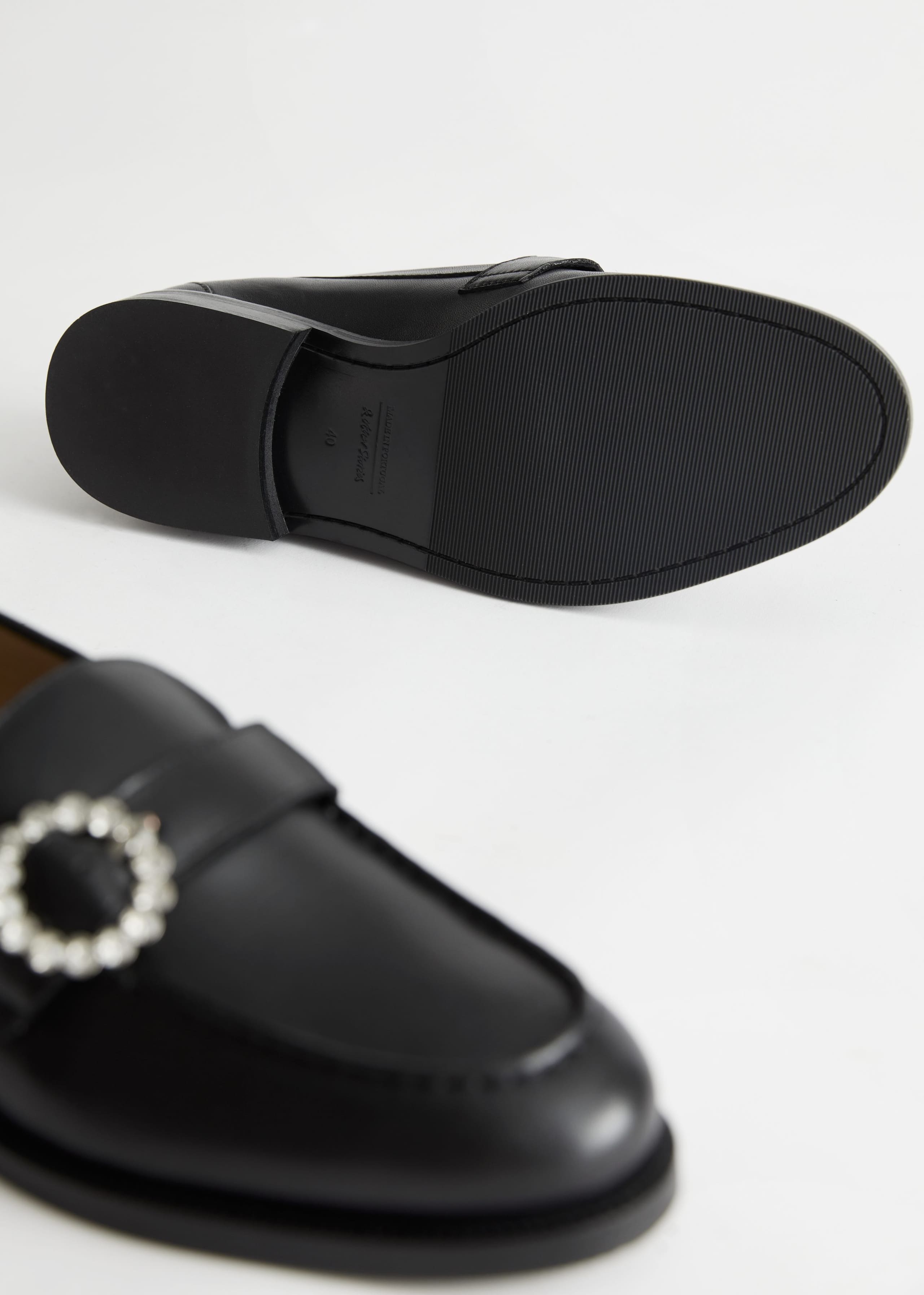 Image of Crystal Buckled Leather Loafers