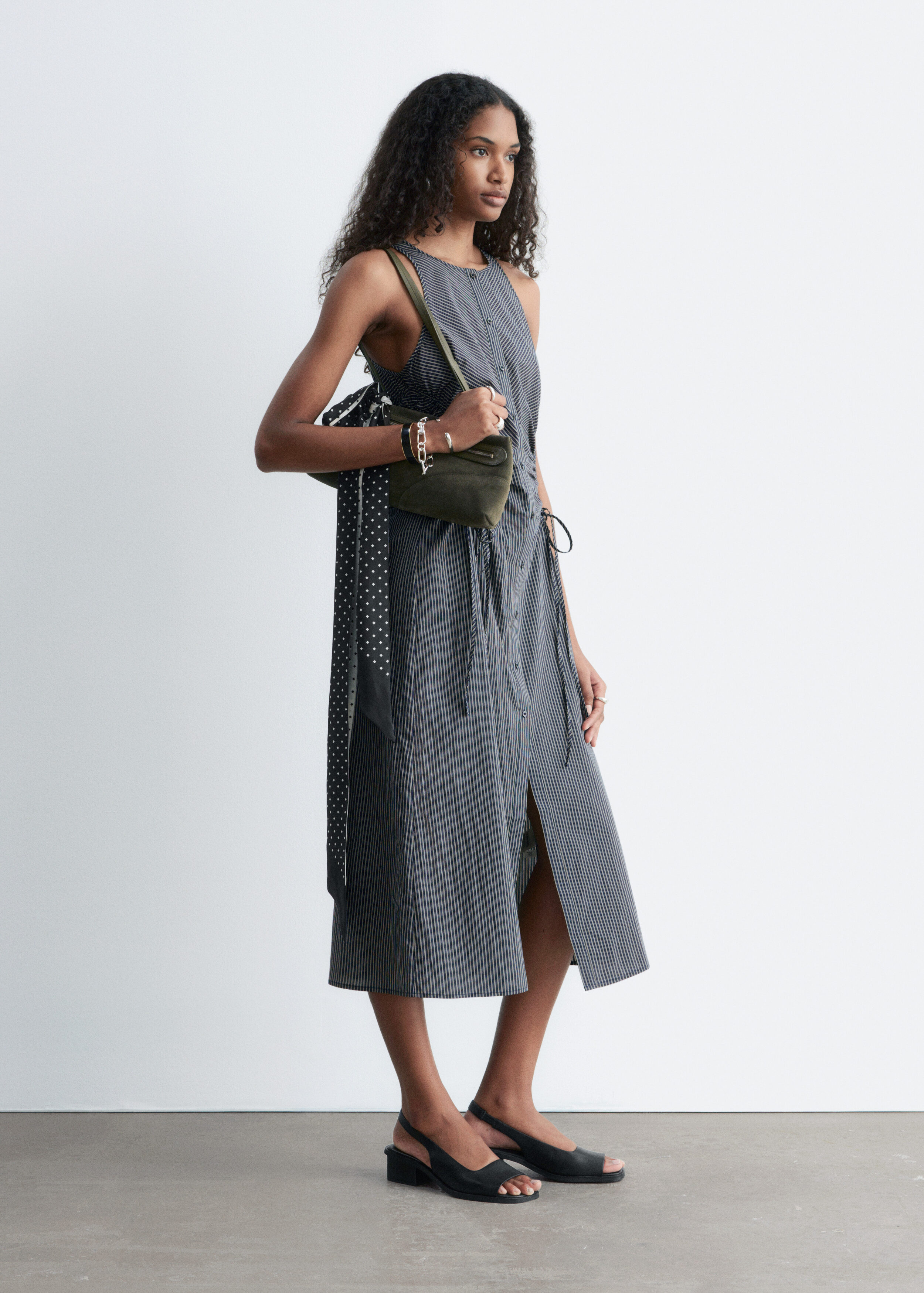 Sleeveless Drawstring Midi Dress - Navy Blue Stripes - & Other