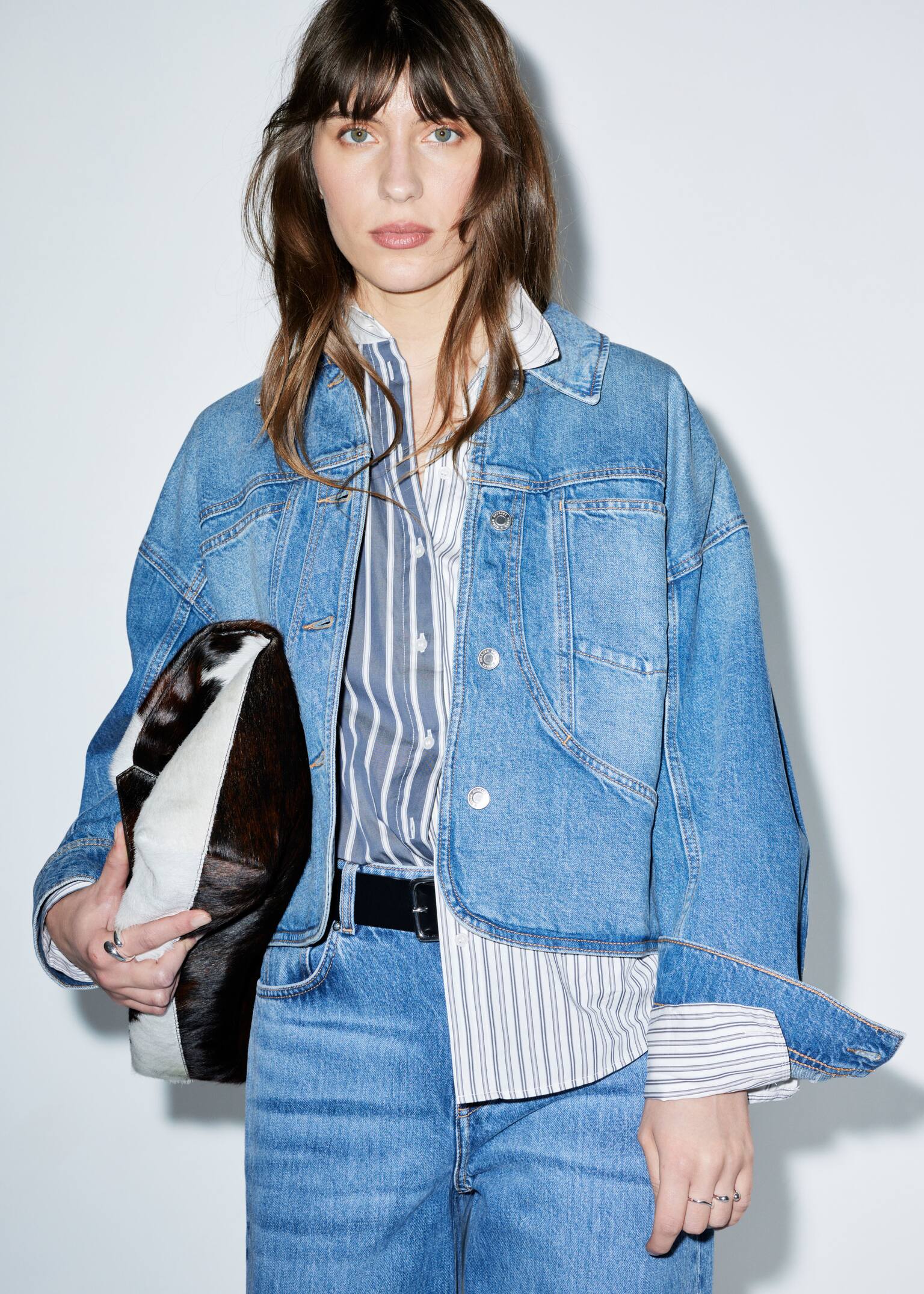 Jachetă din denim cu croială boxy - Albastru Spălat/Roz Pudrat - 8