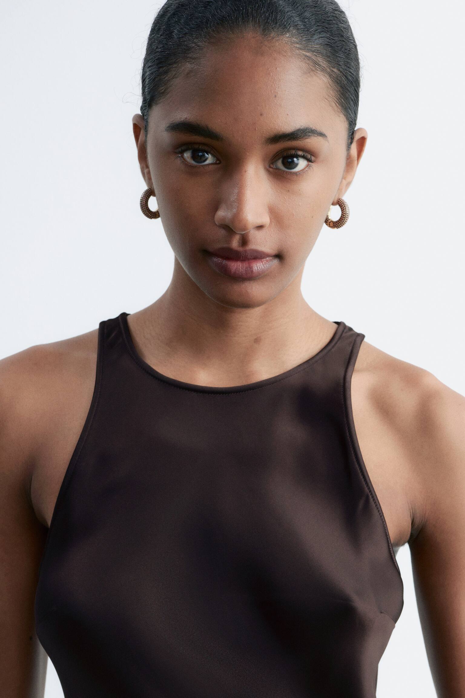 Sleeveless Satin Midi Dress - Dark Brown - 8