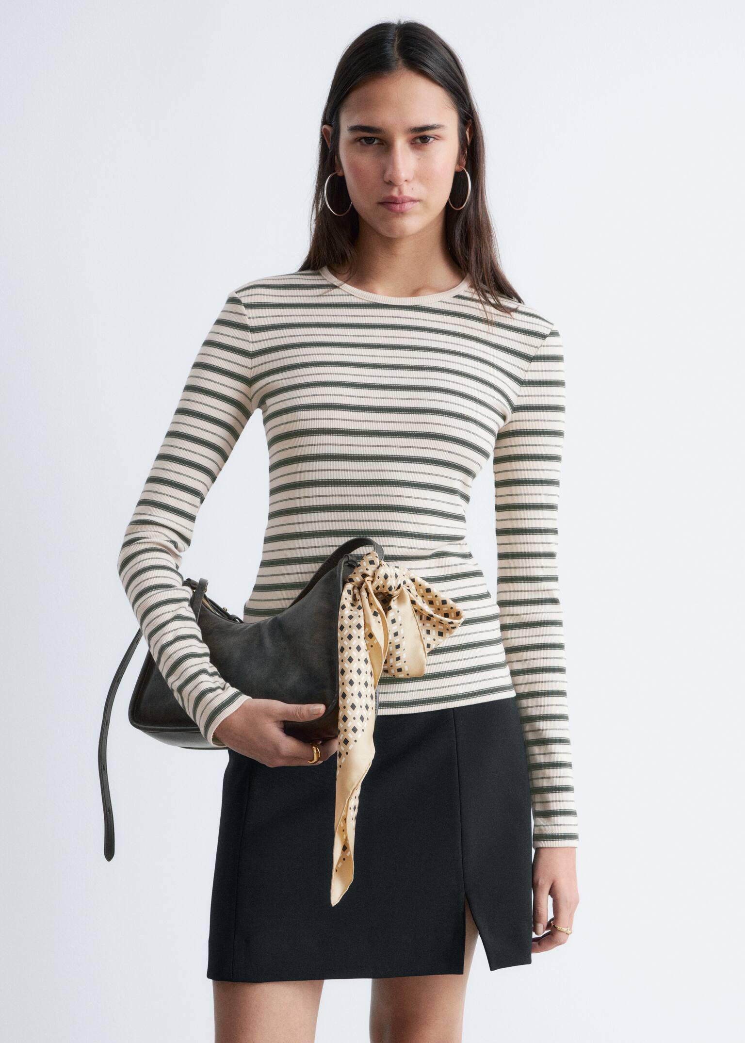 Ribbed Long-Sleeve Top - Beige/Black Stripes/White/Dark Brown/Dark Green/Brown/White Stripes/Black/Light Grey - 1