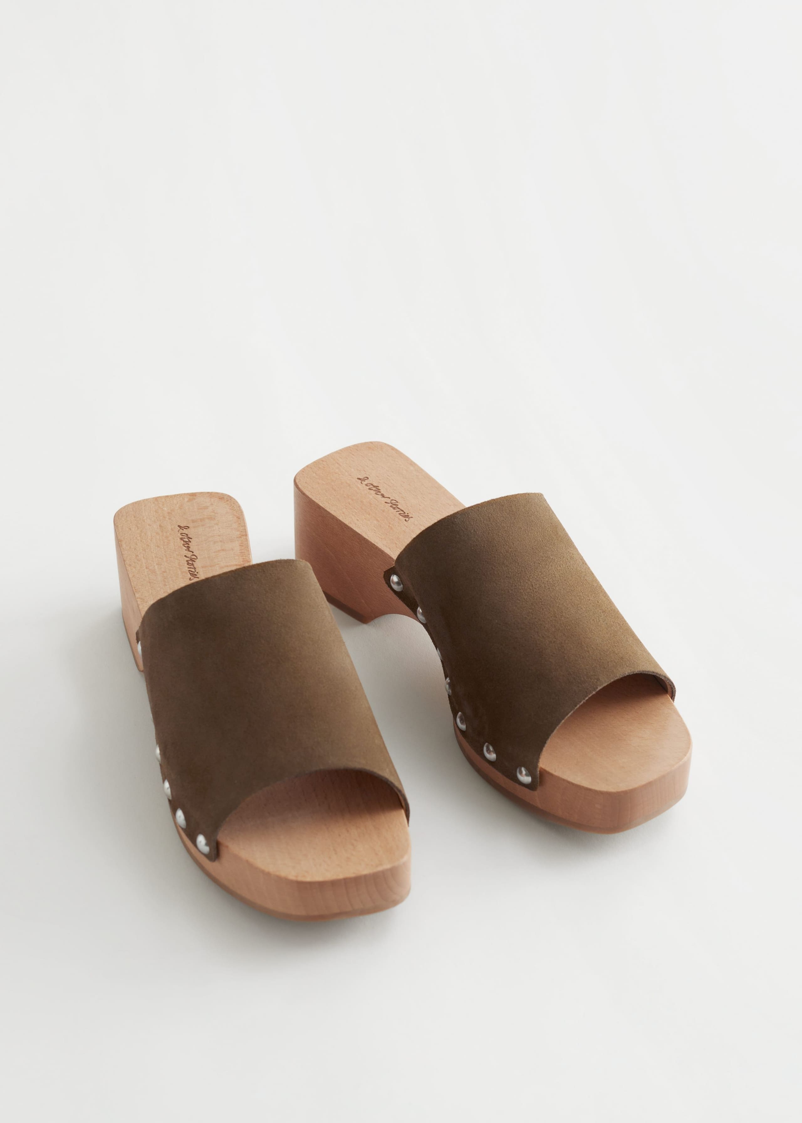 Studded Suede Wooden Clogs - Khaki - Still Life