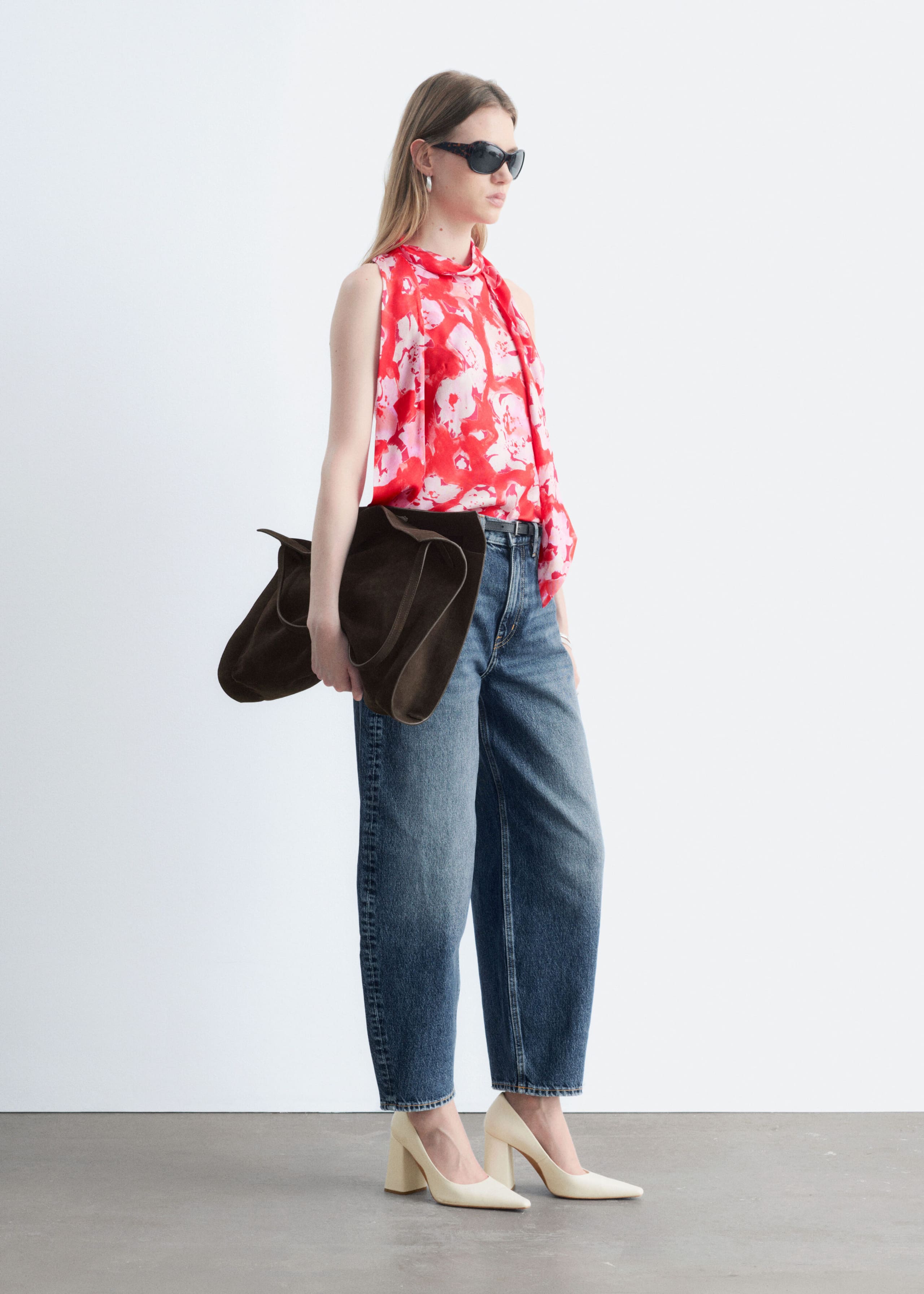 Scarf-Neck Silk Top - Red/Florals - Lookbook