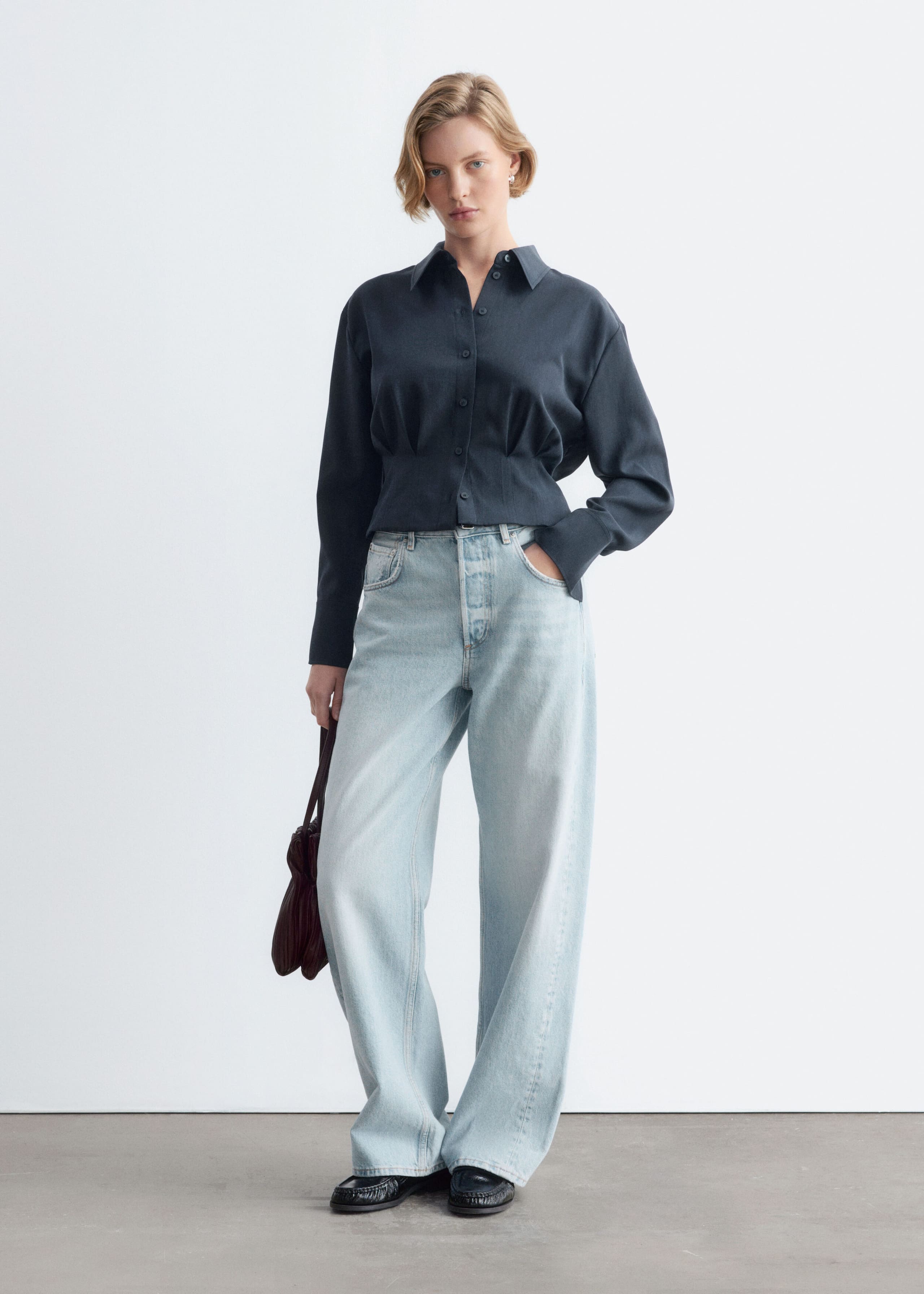 Overhemd met geplooide taille - Donkerblauw - Lookbook