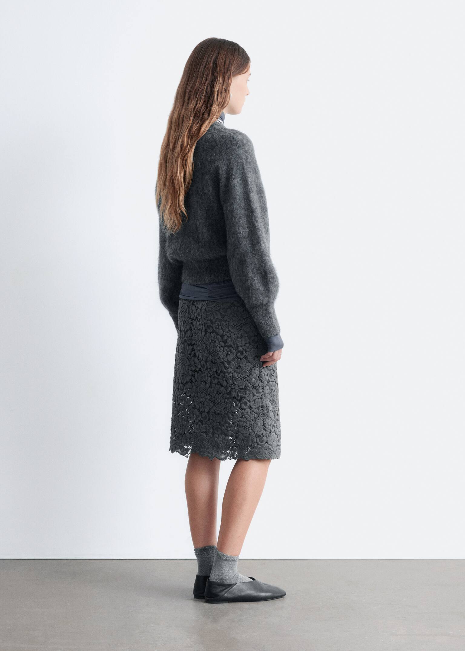 Trøje i mohairblend med ballonærmer - Meleret mørkegrå/Lys beige - 6