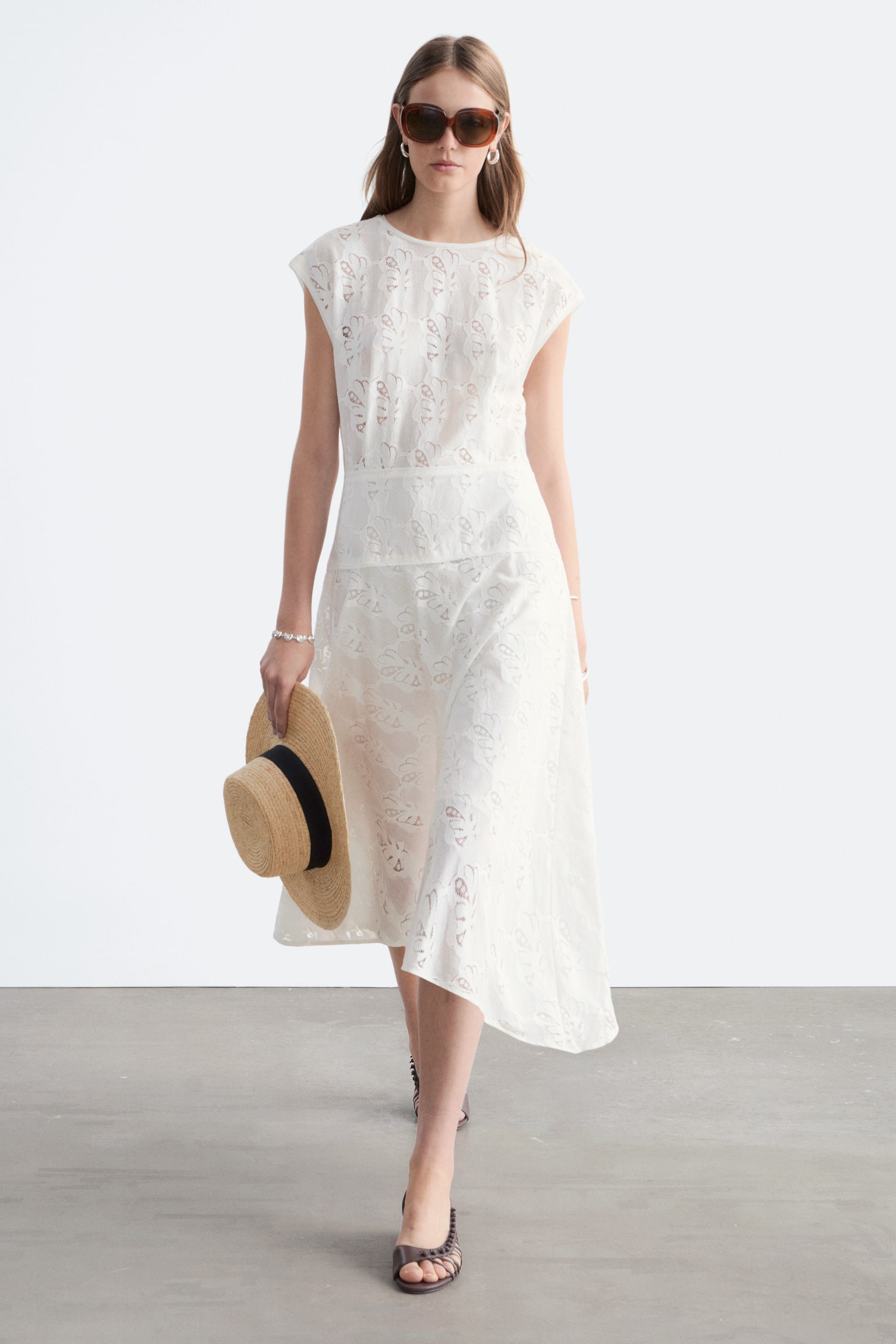 Bias-Cut Lace Midi Dress - White - 1