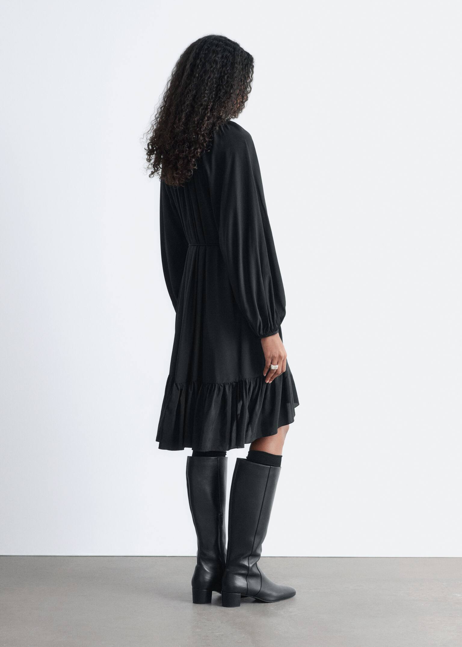 Flounced Balloon-Sleeve Mini Dress - Black/Dark Red - 5