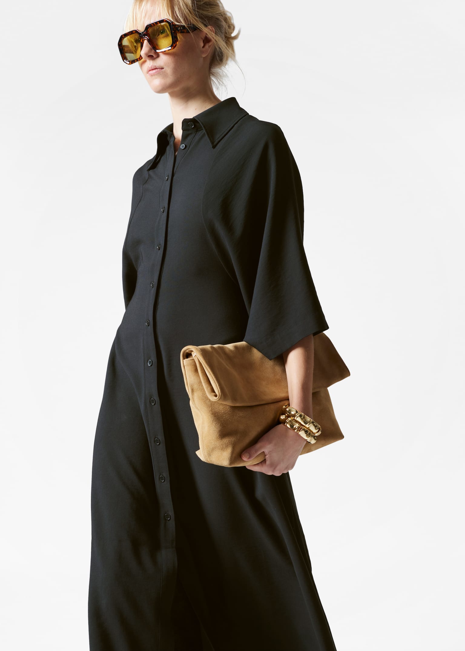 Clutch mit Umschlag - Beigefarbenes Veloursleder/Weinrot/Rot