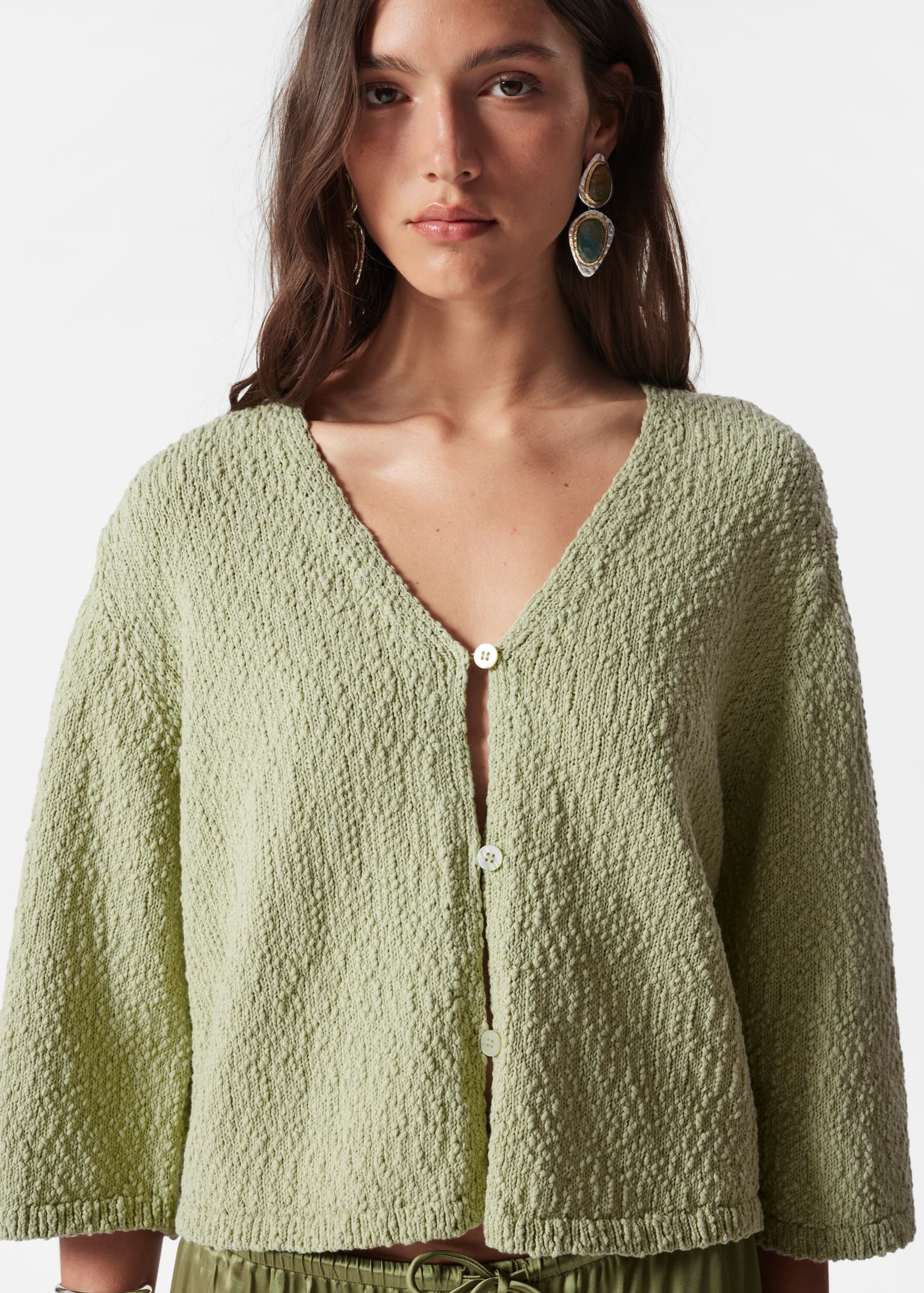Cardigan en maille à manches courtes - Vert pistache/Blanc